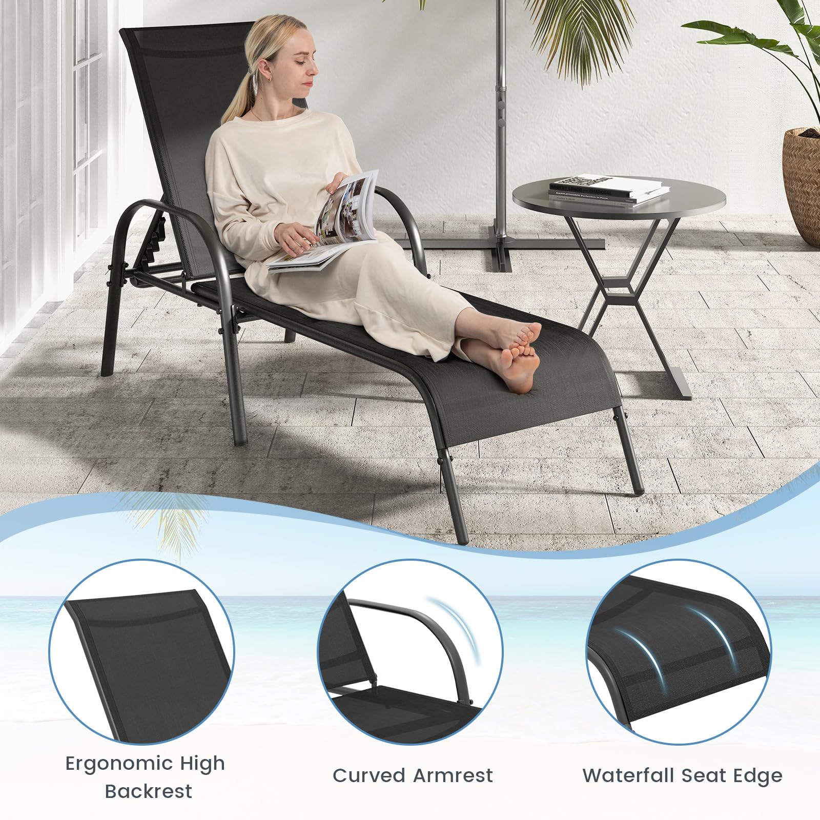 Giantex 2 Pack Adjustable Patio Lounge Chairs - Heavy Duty Steel Frame Outdoor Chaise Lounges with 5-Position Reclining Backrest - Perfect for Sunbathing, Beach, Poolside, Backyard & Balcony Relaxation - Black