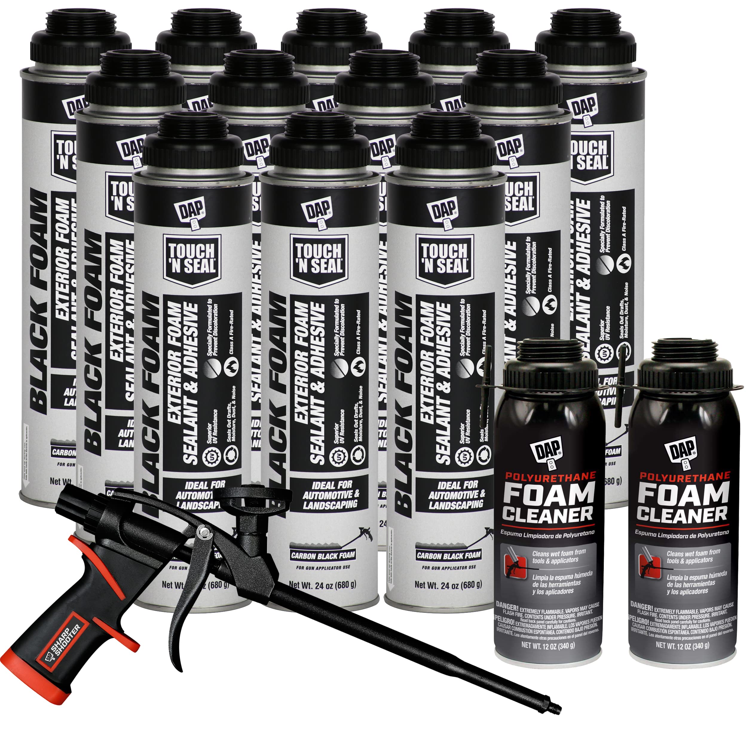 Touch N Seal Black Landscape & RV UV-Resistant Polyurethane Foam Sealant Kit - 12oz & 24oz Cans, 2x12oz Zero FOC Cleaner, Reusable Applicator Gun for Waterproofing, Insulation & Gap Filling - Perfect for RV Repair, Roof Sealing & Outdoor Projects