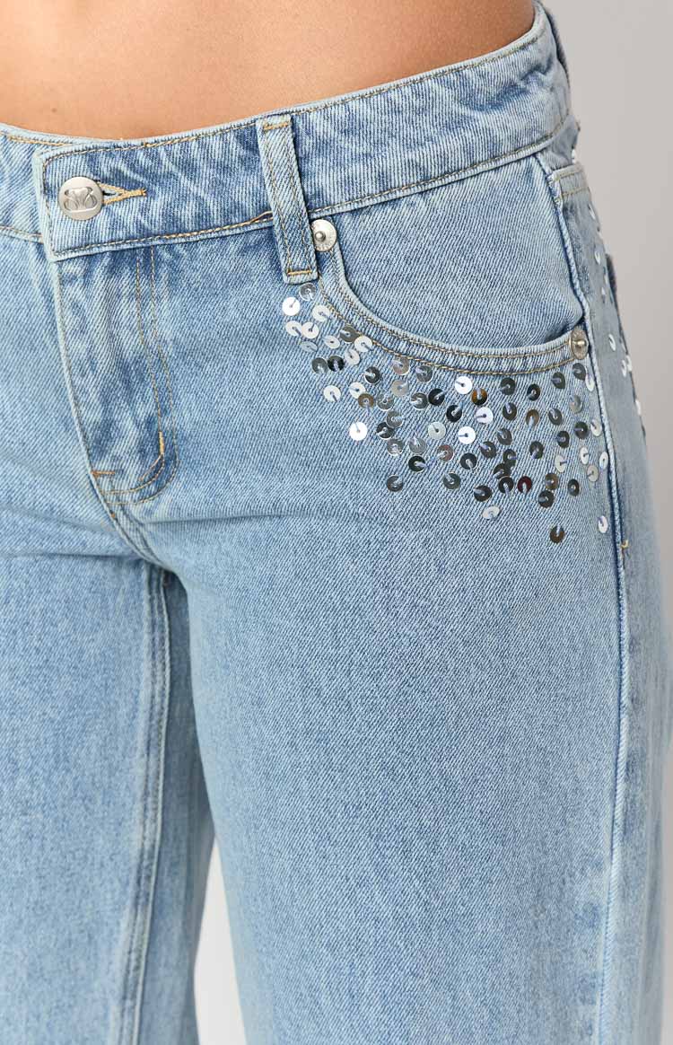 Clara Sequin Light Wash Denim Low Rise Jeans for Women - Trendy Distressed Skinny Jeans with Rhinestone Embellishments | Perfect for Parties, Night Out and Casual Wear