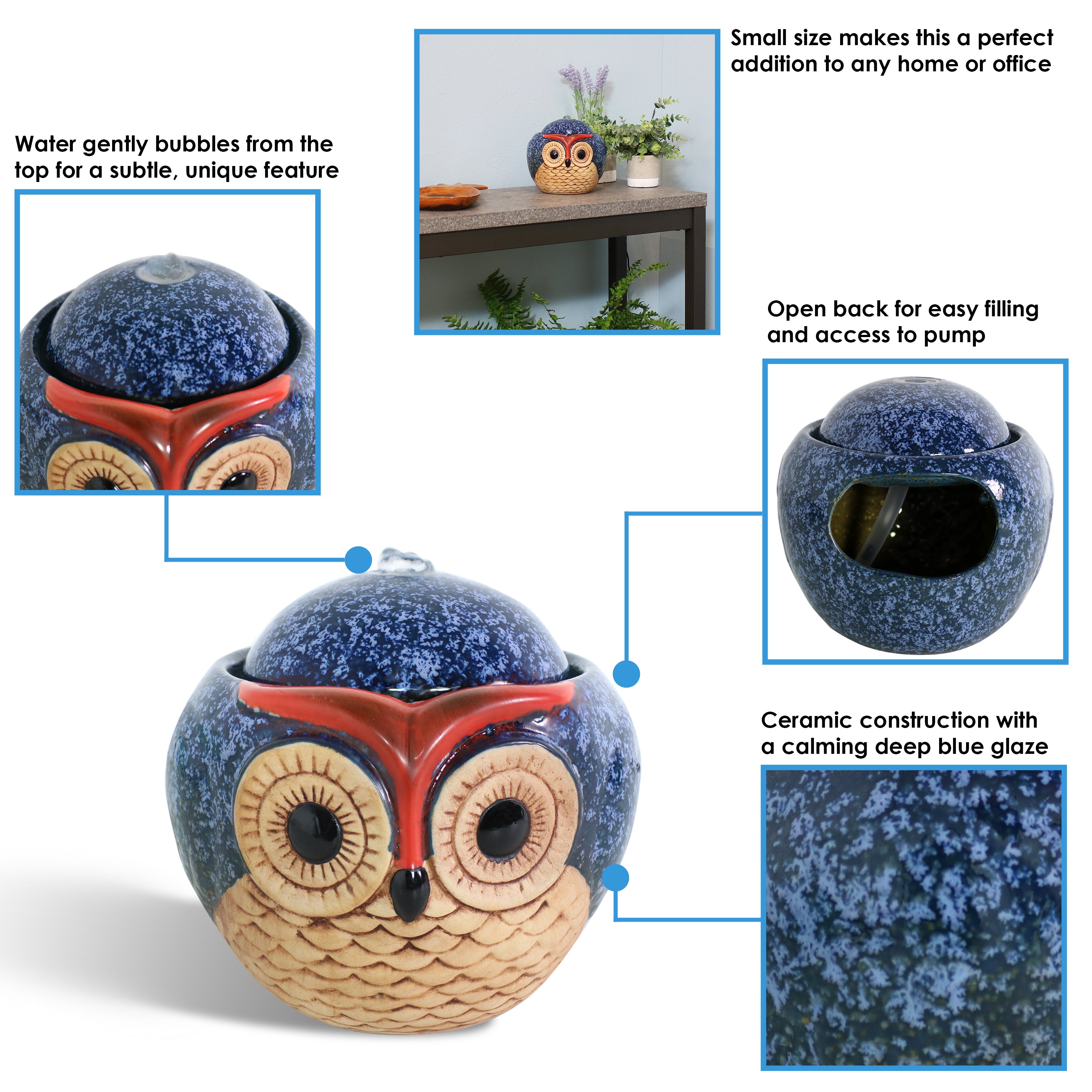Sunnydaze Ceramic Owl Indoor Tabletop Water Fountain - Relaxing Home & Office Decor for Stress Relief, Feng Shui & Meditation | Perfect for Living Room, Bedroom, Garden or Patio