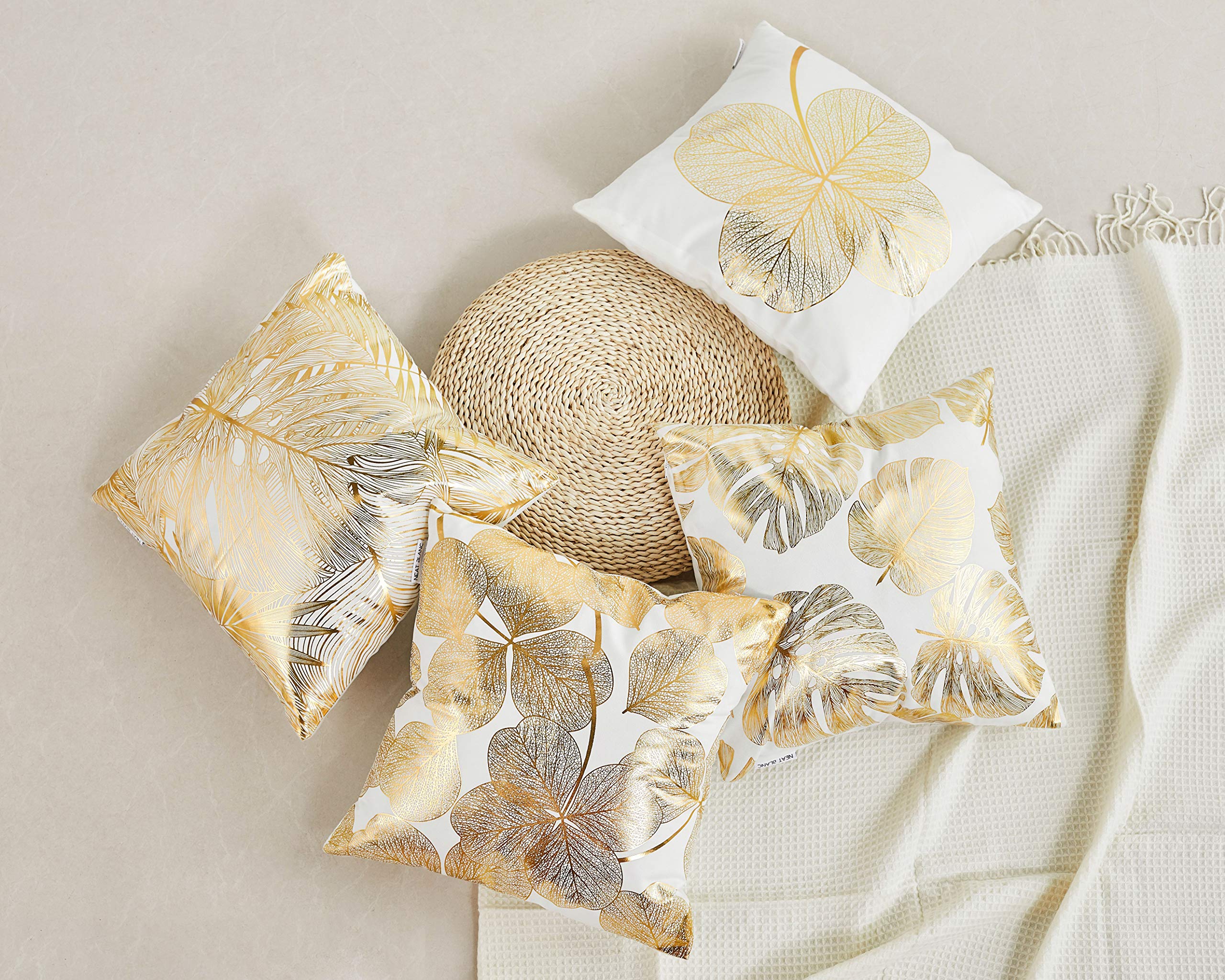 4 Pack Gold Foil Leaf Print Decorative Throw Pillow Covers 20x20 Inches (50x50cm) - Luxury Couch, Bedroom & Car Decor Accent Pillow Cases for Home, Living Room, Sofa and Office Decor