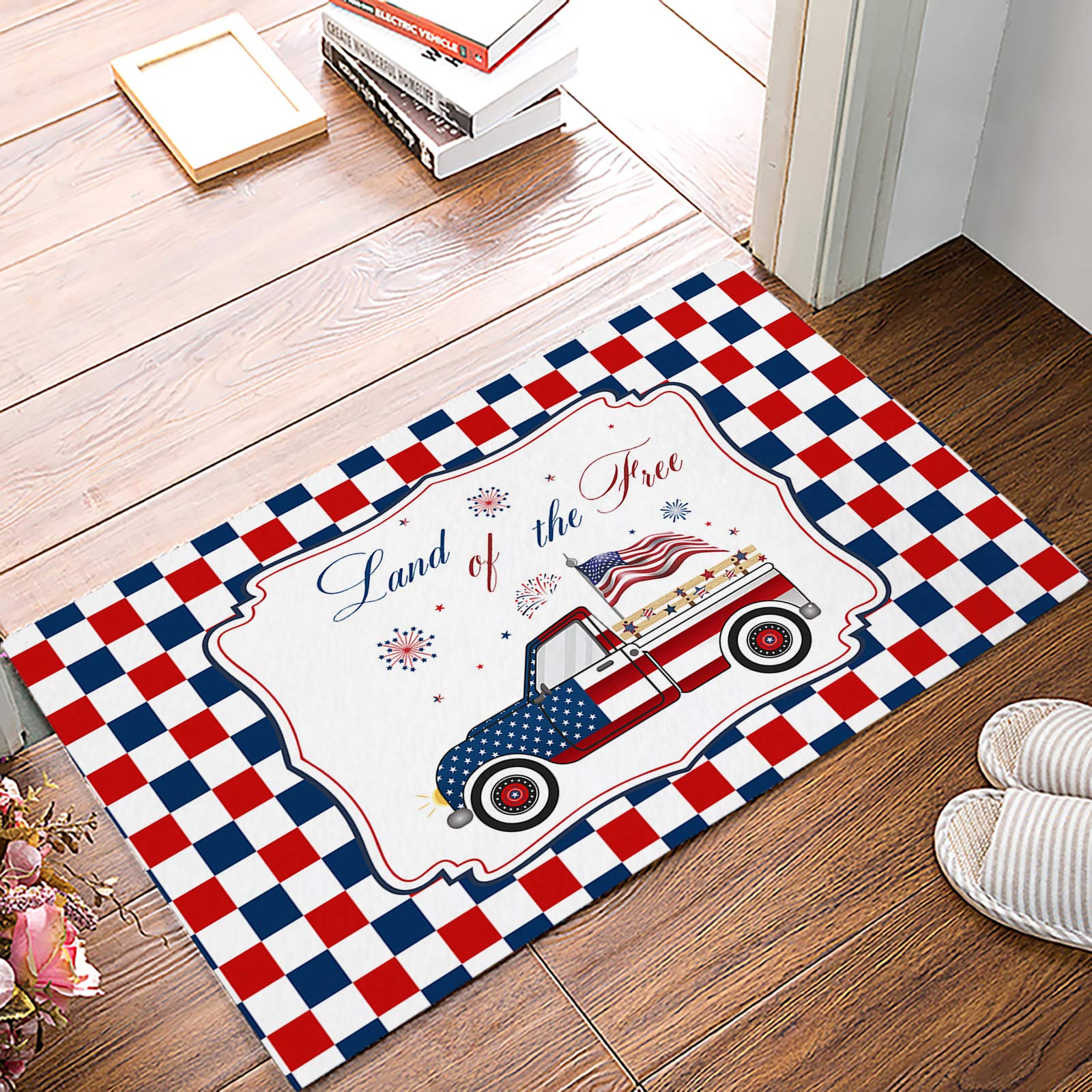 Prironde Non-Slip Doormat - 18x30 Inch Welcome Rug for Entryway, Bathroom, Bedroom, Kitchen & Office - Patriotic Independence Day Truck Design with Plaid Pattern - Perfect for Front Door, Mudroom & High Traffic Areas