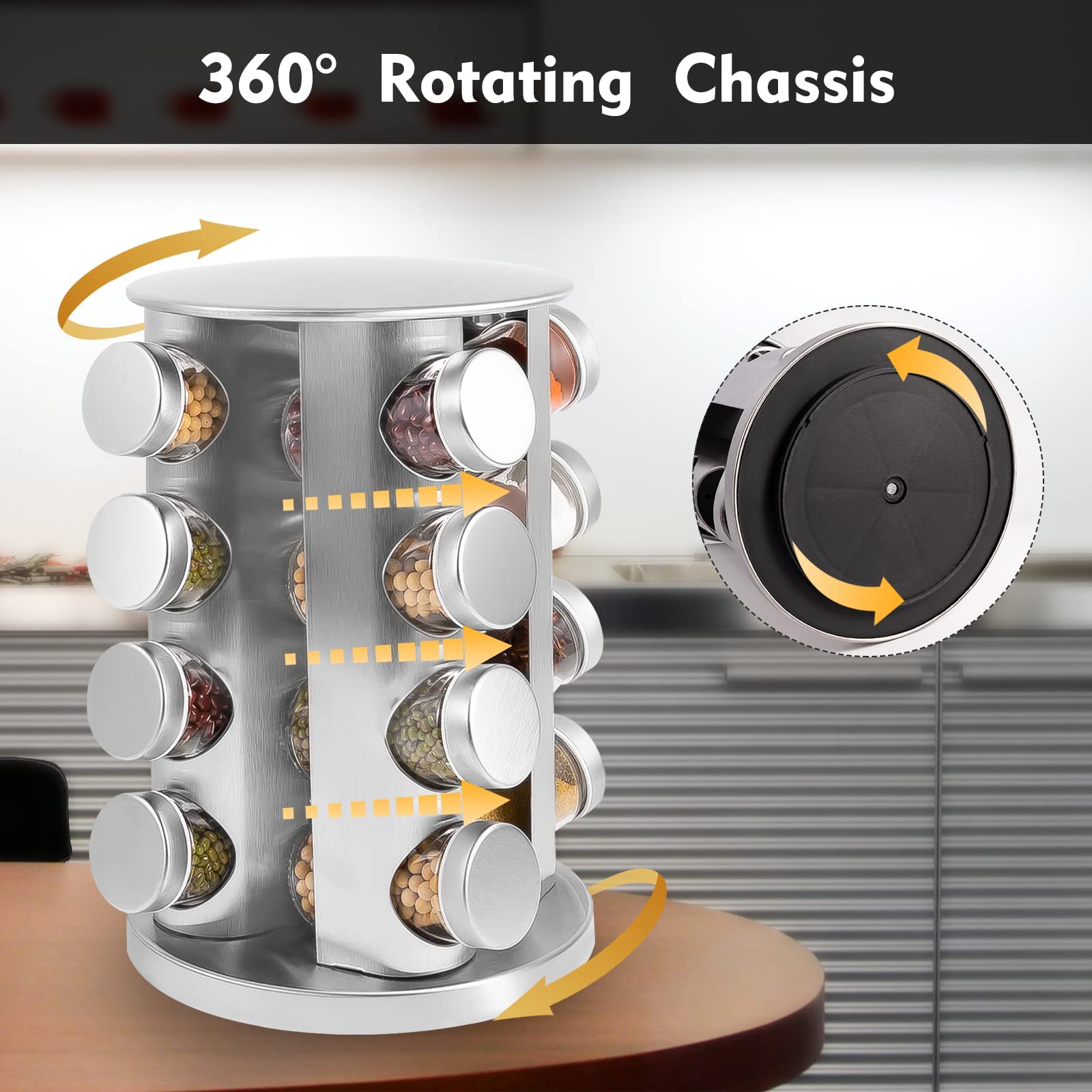 Rotating Spice Rack Organizer with 16 Jars - Stainless Steel Revolving Spice Tower with Labels for Kitchen Cabinet & Countertop - Perfect for Cooking, Baking & Seasoning Organization