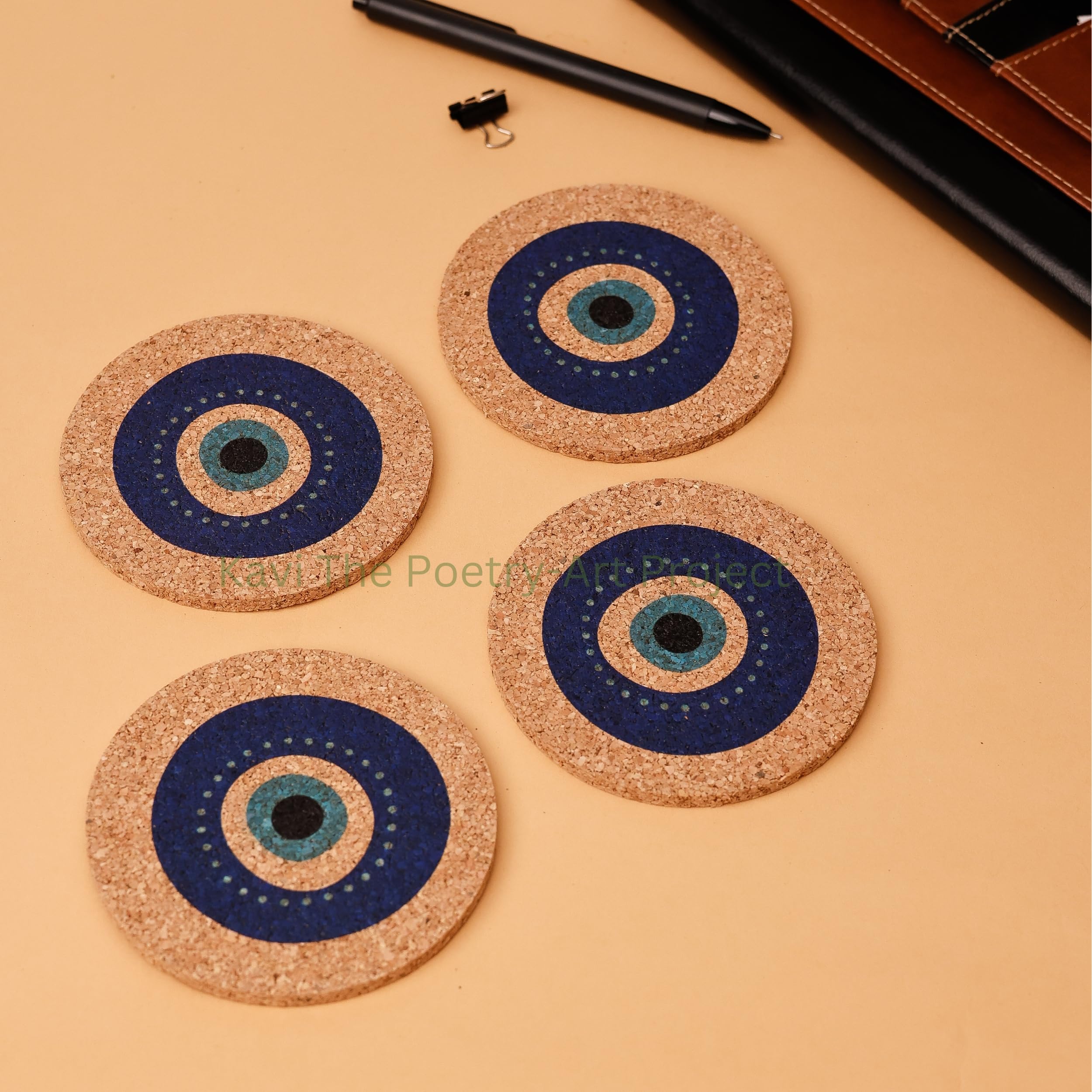 Evil Eye Cork Coasters Set of 4 - 5mm Thick Round Drink Coasters (4