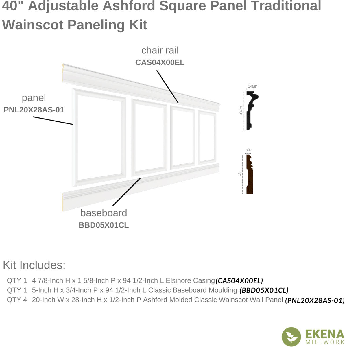 Ashford Traditional Wainscot Paneling Kit - 94.5 Inch Long Premium Wood Wall Paneling for Home & Office Decor | Easy DIY Installation for Living Room, Dining Room & Bedroom