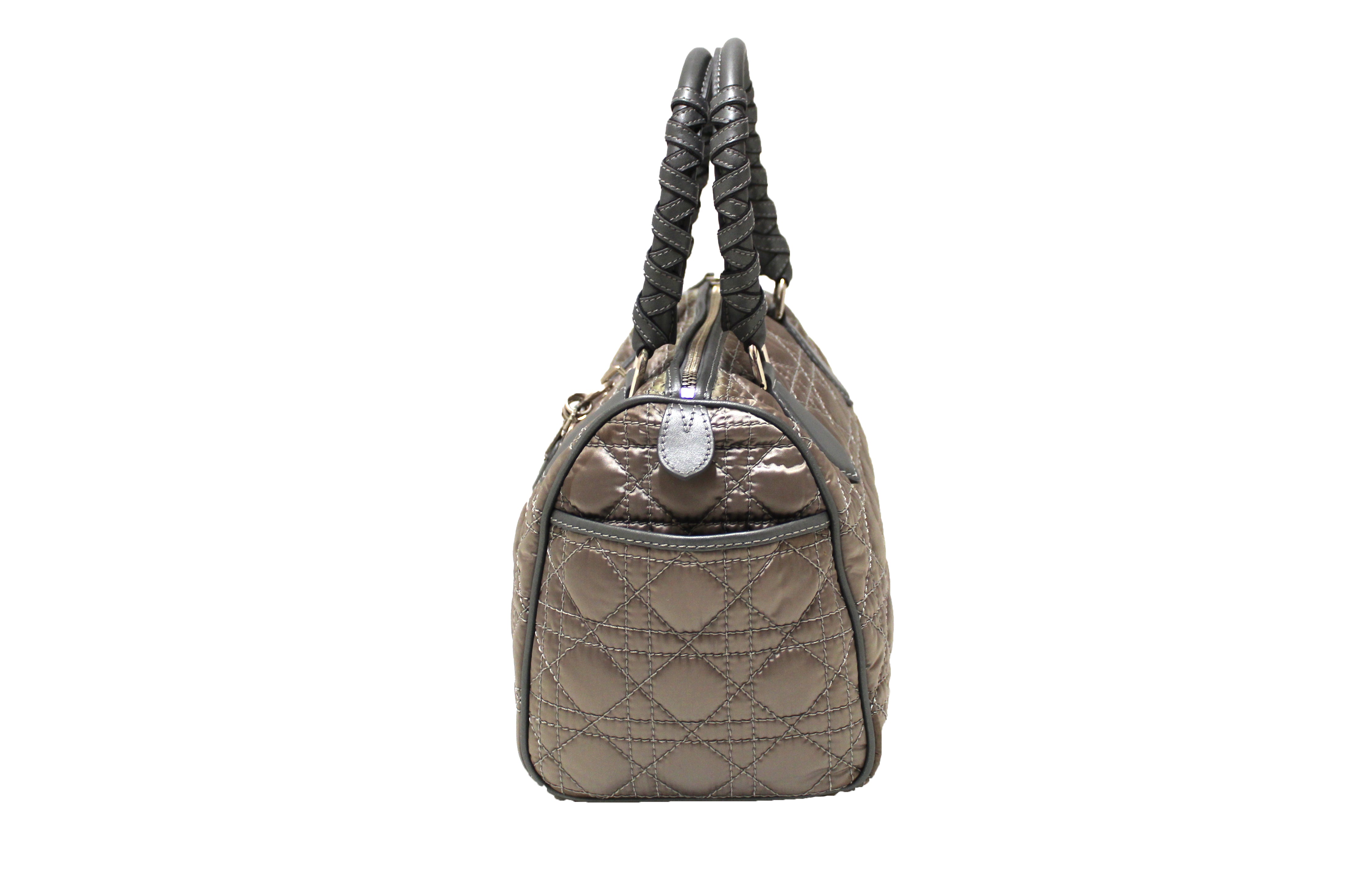 Authentic Christian Dior Grey Nylon Quilted Boston Bowling Bag - Luxury Designer Handbag for Women, Perfect for Travel, Work & Everyday Use