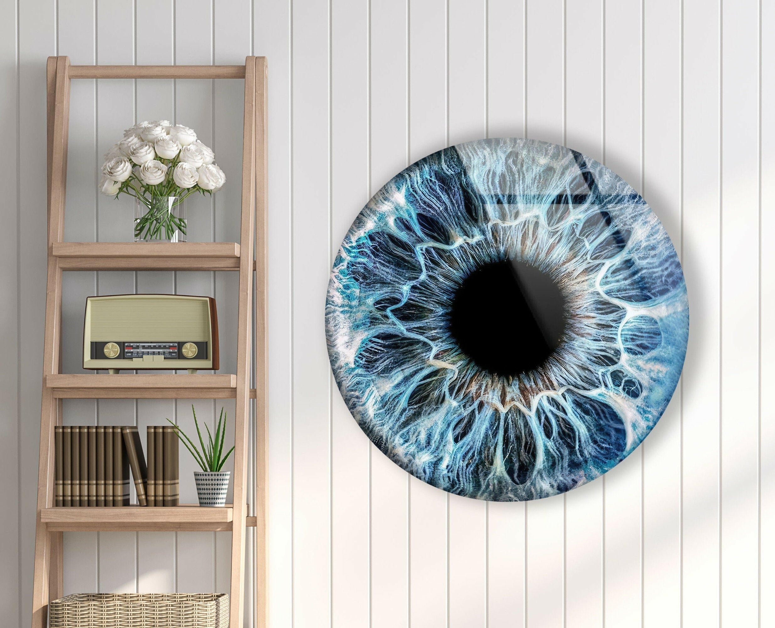 Blue Eye Round Glass Wall Art Decor - Handmade Bohemian Style Hanging Decoration for Living Room, Bedroom & Office