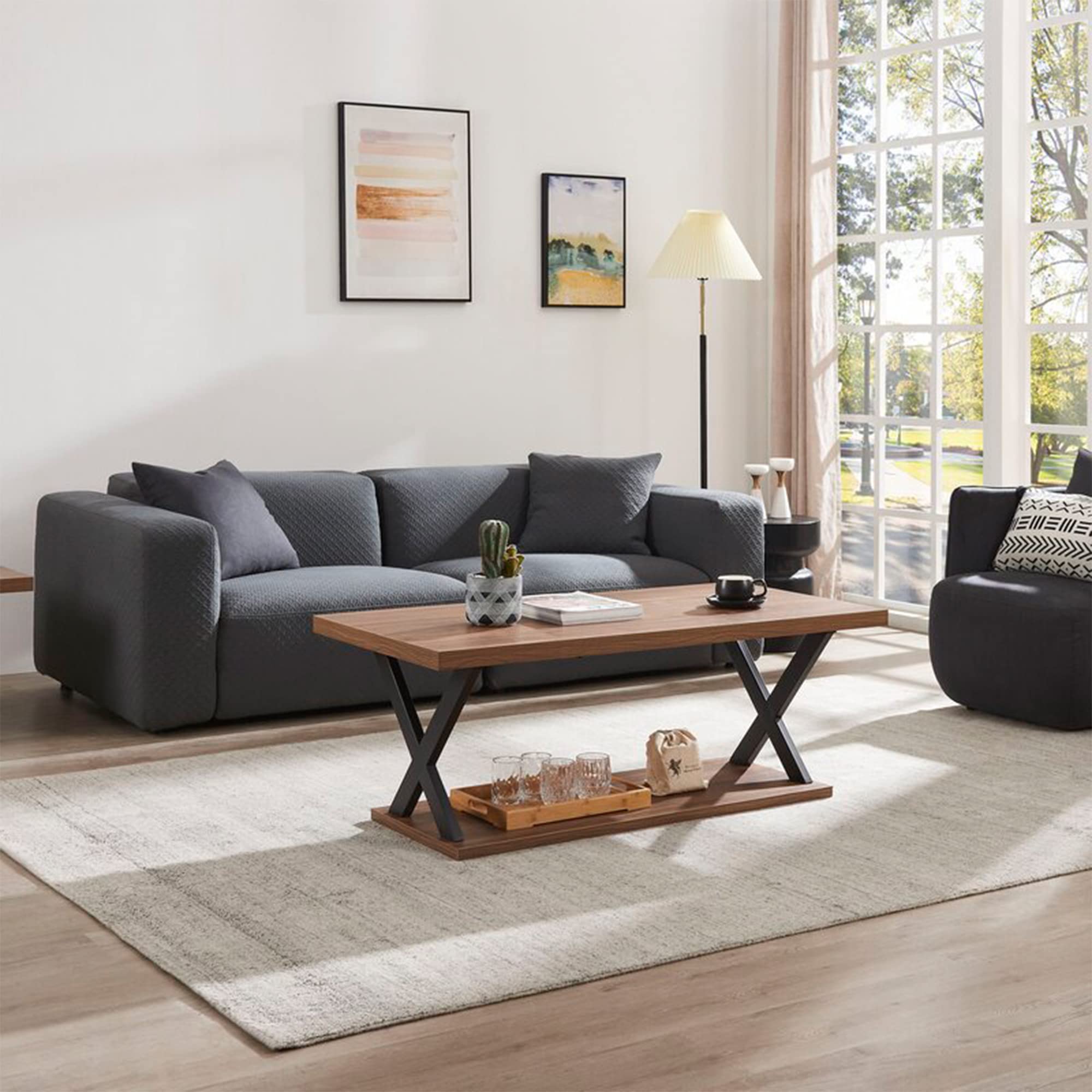 Vanity Art Modern 2-Tier Industrial Coffee Table with Storage Shelf - X-Frame Rectangle Design for Living Room, Home Office - Brown (MLT4088CT-BR-BK) | Perfect for Small Spaces, Apartment Decor & Entertaining Guests