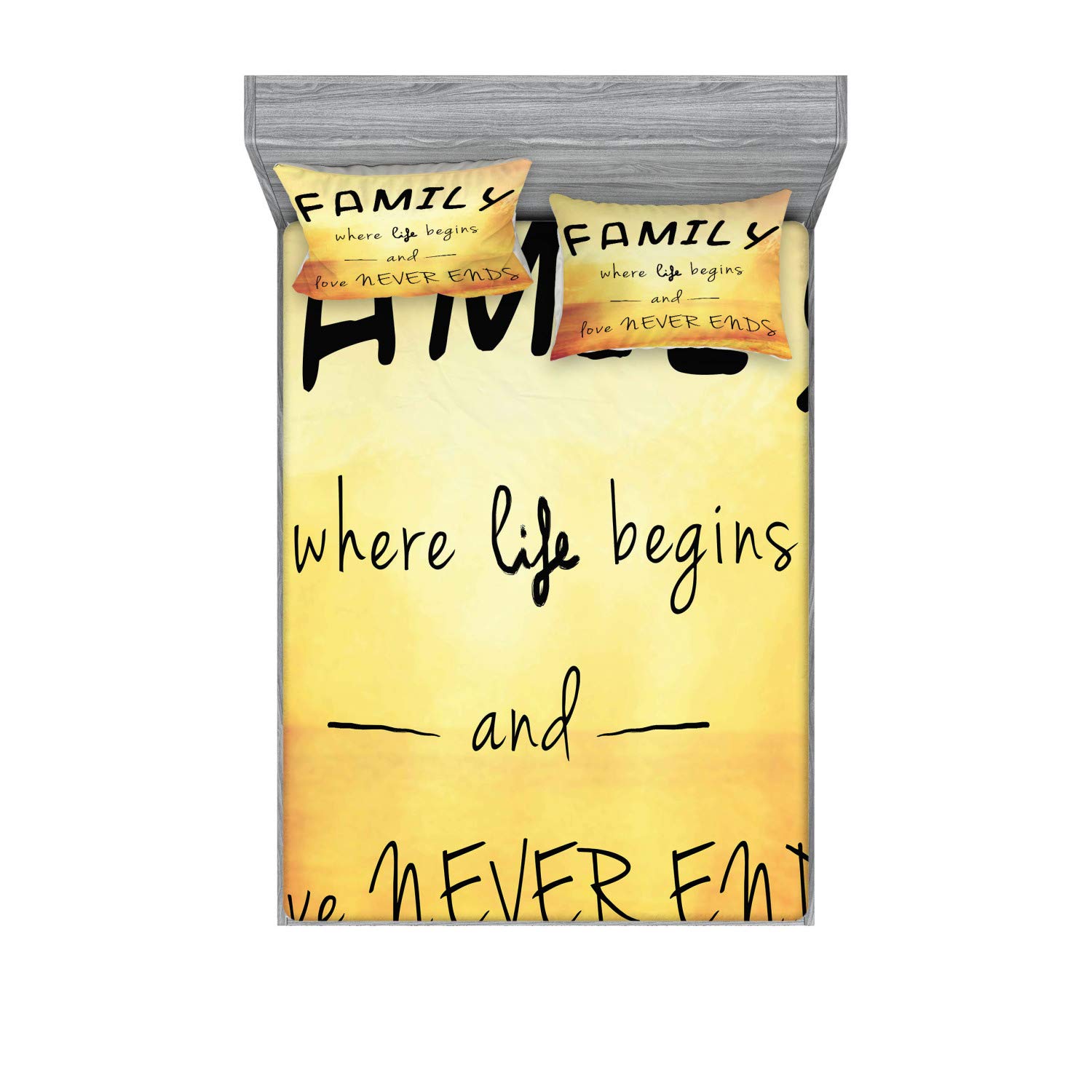 Ambesonne 3-Piece Queen Bedding Set - Family Fitted Sheet & Pillow Sham with Inspirational Love Quotes, Yellow Marigold Black Printed Design | Perfect for Master Bedroom, Guest Room & Family Home Decor