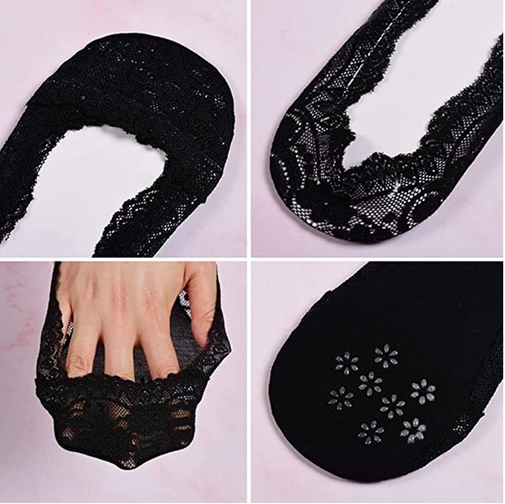 Cafurty 2 Pairs Women's No Show Liner Socks - Low Cut Invisible Lace Socks with Non-Slip Grip for Casual Wear (Black, US Shoe Size 5-7.5) | Perfect for Sneakers, Loafers & Flats
