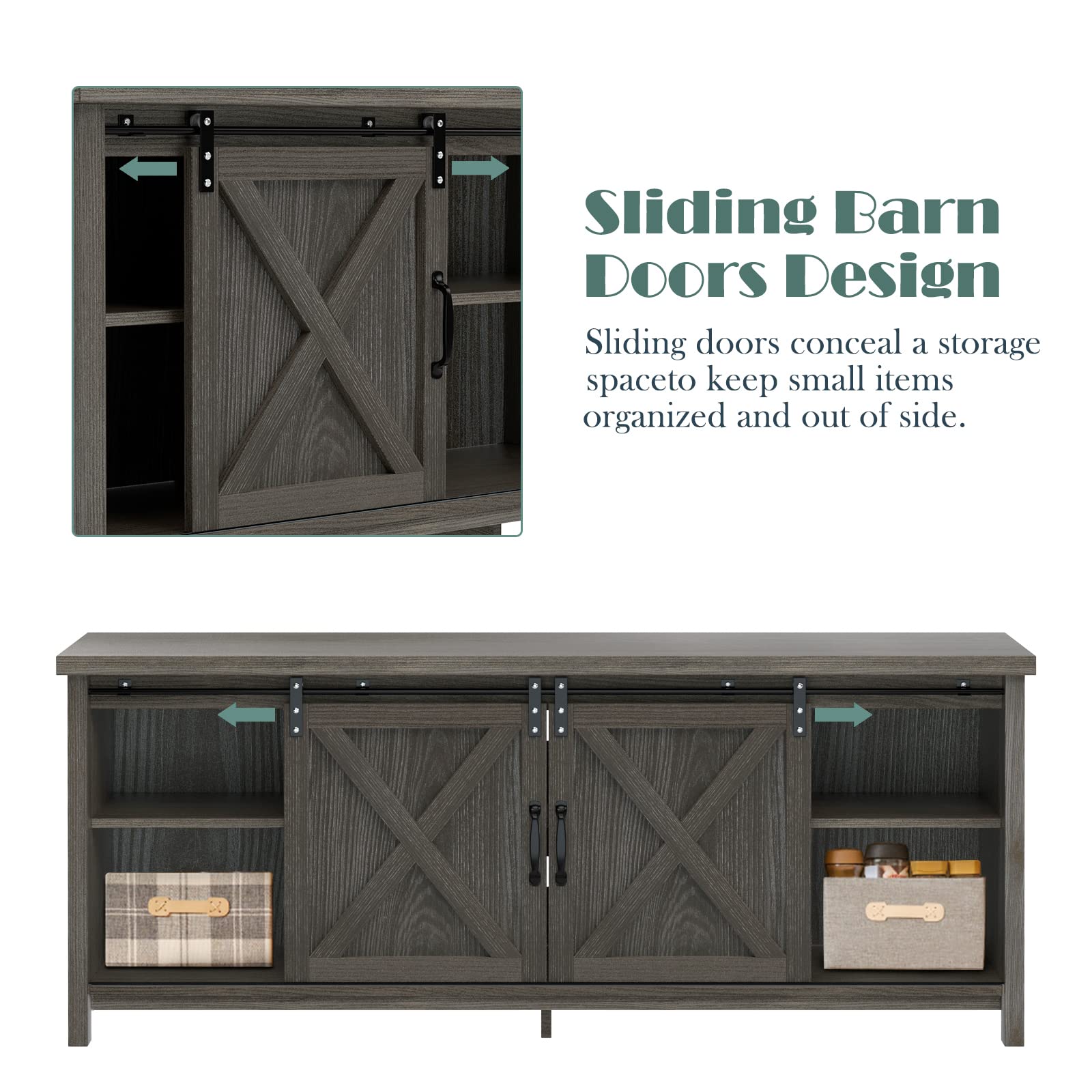 Modern Farmhouse TV Stand with Sliding Barn Doors - 65 Inch Media Console with 2-Tier Storage Cabinets - Rustic Entertainment Center for Living Room & Bedroom - Dark Grey - Perfect for Farmhouse Decor & Home Theater Setup