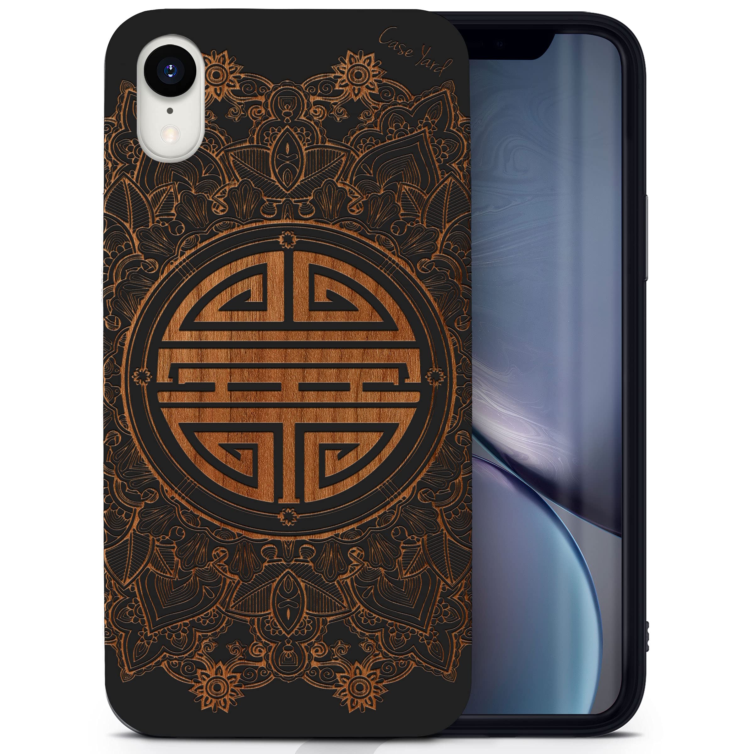 Wooden iPhone XR Case - Laser Engraved Mandala Design, Black Wood Protective Cover | Shockproof Slim Fit Phone Case for Men & Women | Perfect for Travel, Yoga & Meditation Enthusiasts