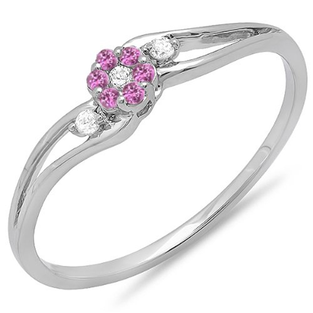 Dazzlingrock 14K White Gold Round White Diamond & Pink Sapphire Women's Bridal Promise Ring - Elegant Swirl Split Shank Cluster Design for Engagement, Anniversary & Special Occasions