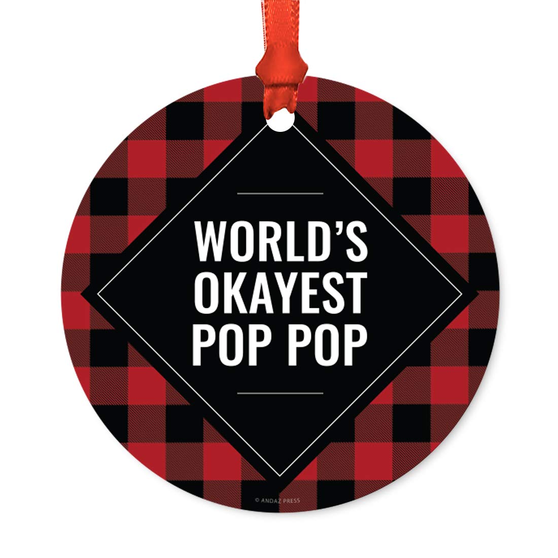 Funny Round Metal Christmas Ornament - World's Okayest Pop Pop Gift - Buffalo Red Black Plaid Design - 1-Pack with Ribbon & Gift Bag - Perfect for Tree Decor, Stocking Stuffers & Holiday Gifts