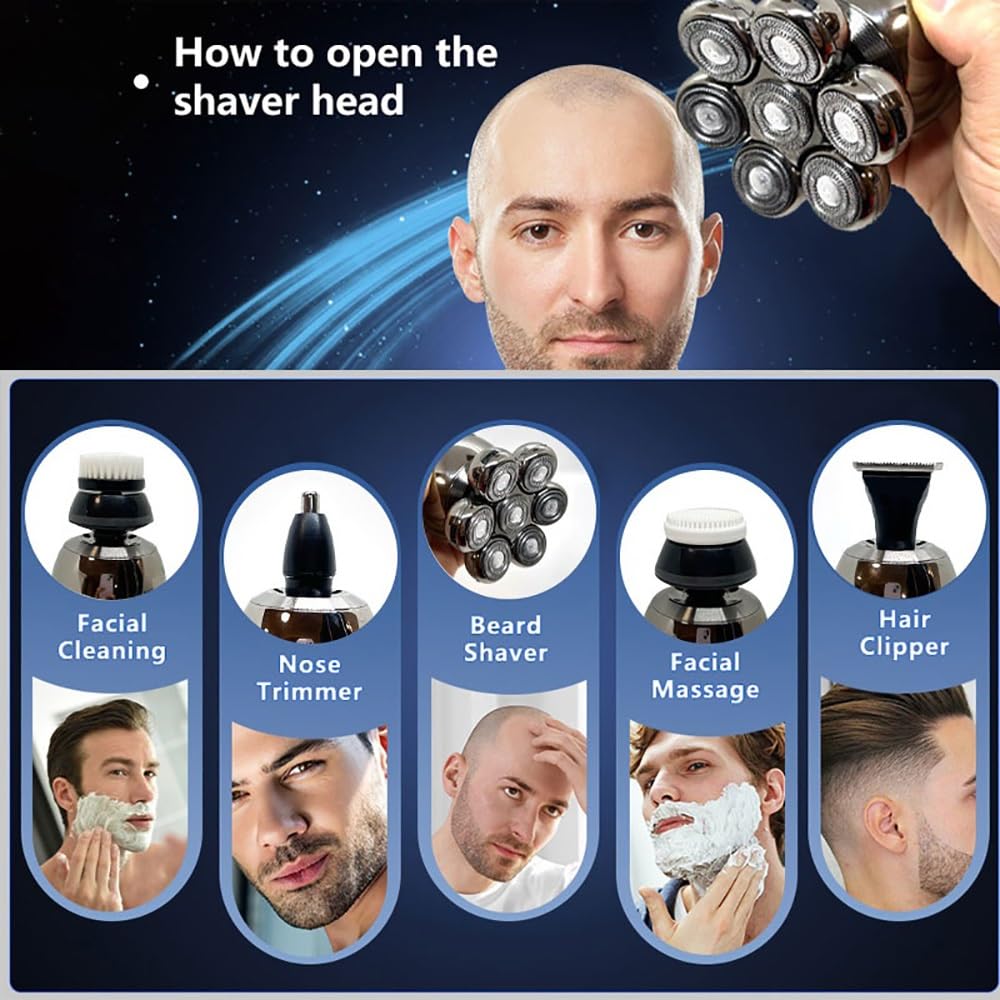 5-in-1 Electric Head Shaver for Men - Rechargeable Wet/Dry Beard Trimmer & Bald Head Shaving Kit with LCD Display | Perfect for Travel, Home Grooming & Barber Shops