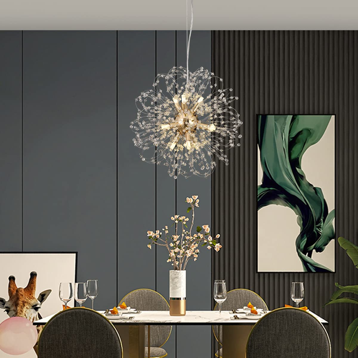 Modern Gold Sputnik Chandelier - 9-Light Dandelion Crystal Beaded Pendant Lighting Fixture for Dining Room, Bedroom, Living Room & Farmhouse Kitchen Island - Elegant Ceiling Lamp for Home Decor, Wedding & Restaurant Lighting