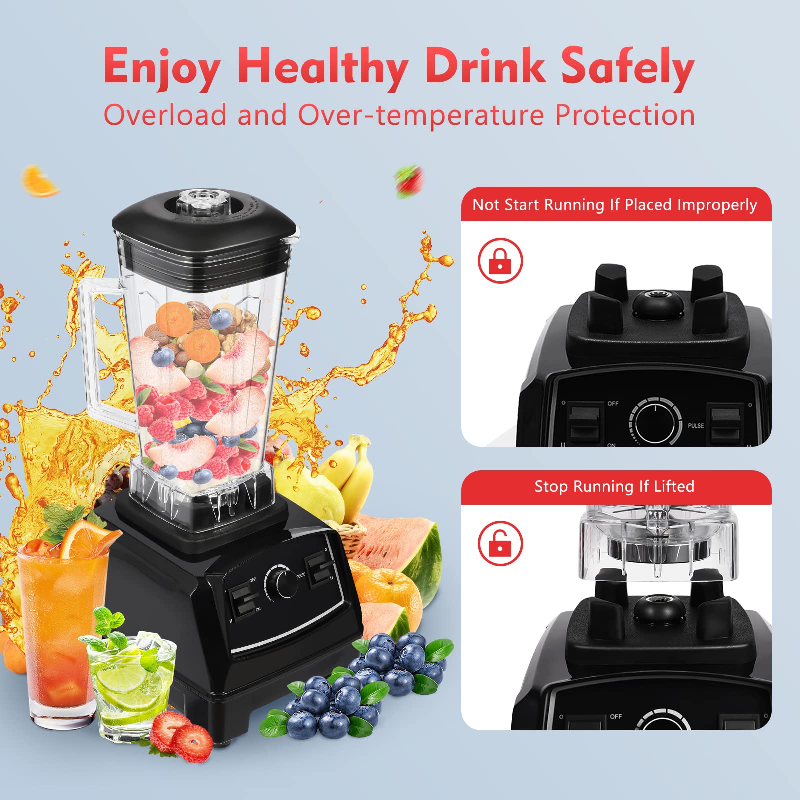 2200W High-Powered Blender for Smoothies, Juices & Ice Crushing - 2L Countertop Blender with 3HP Motor - Perfect for Milkshakes, Sauces, Ice Cream, Baby Food & Fresh Juices (Black) - Ideal for Kitchens, Restaurants & Healthy Lifestyles
