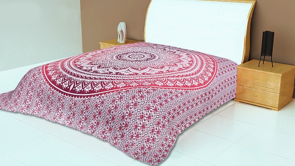 Maroon Mandala Tapestry Queen Size - Cotton Printed Wall Hanging, Bedspread, Throw Blanket, Room Divider & Wall Decor for Bohemian Bedroom, Dorm Room or Meditation Space