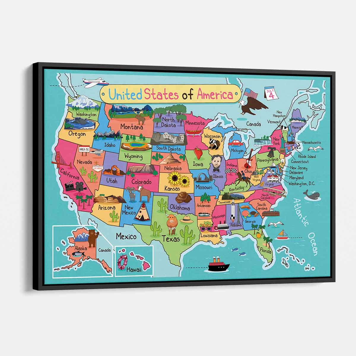 Blue US Map Wall Art Canvas Print - Vintage Style Home Decor for Living Room, Bedroom & Office - Perfect Gift for Travel Lovers & Geography Enthusiasts