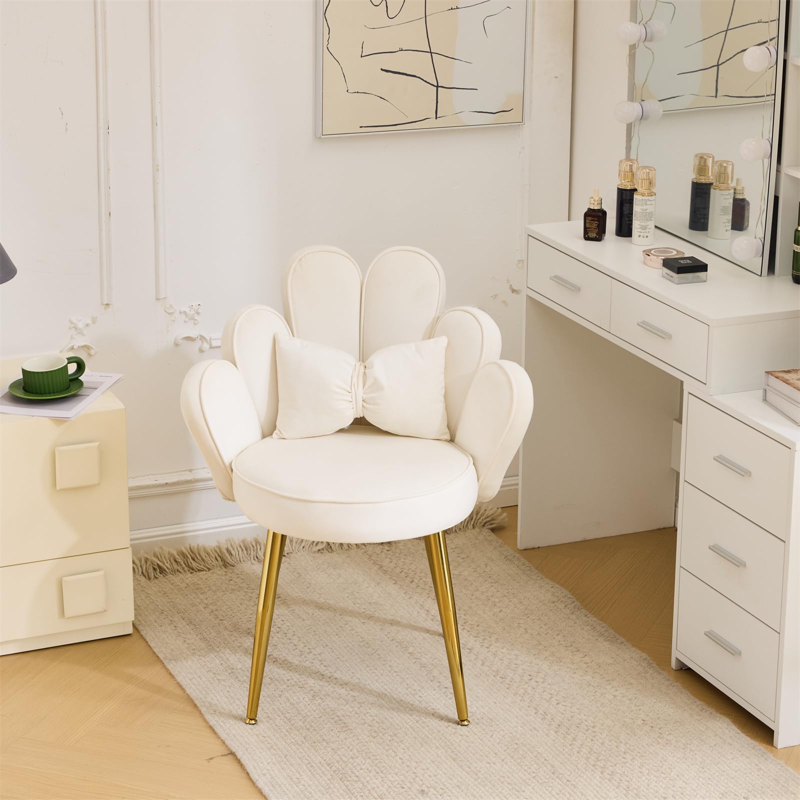 VINGLI Velvet Petal Makeup Vanity Chair with Back - Cute Flower Design, Adjustable Gold Legs & Bow Pillow - Comfortable No-Wheels Desk Chair for Girls, Modern Dining & Accent Chair - Perfect for Home Office, Bedroom, Dressing Room (White)