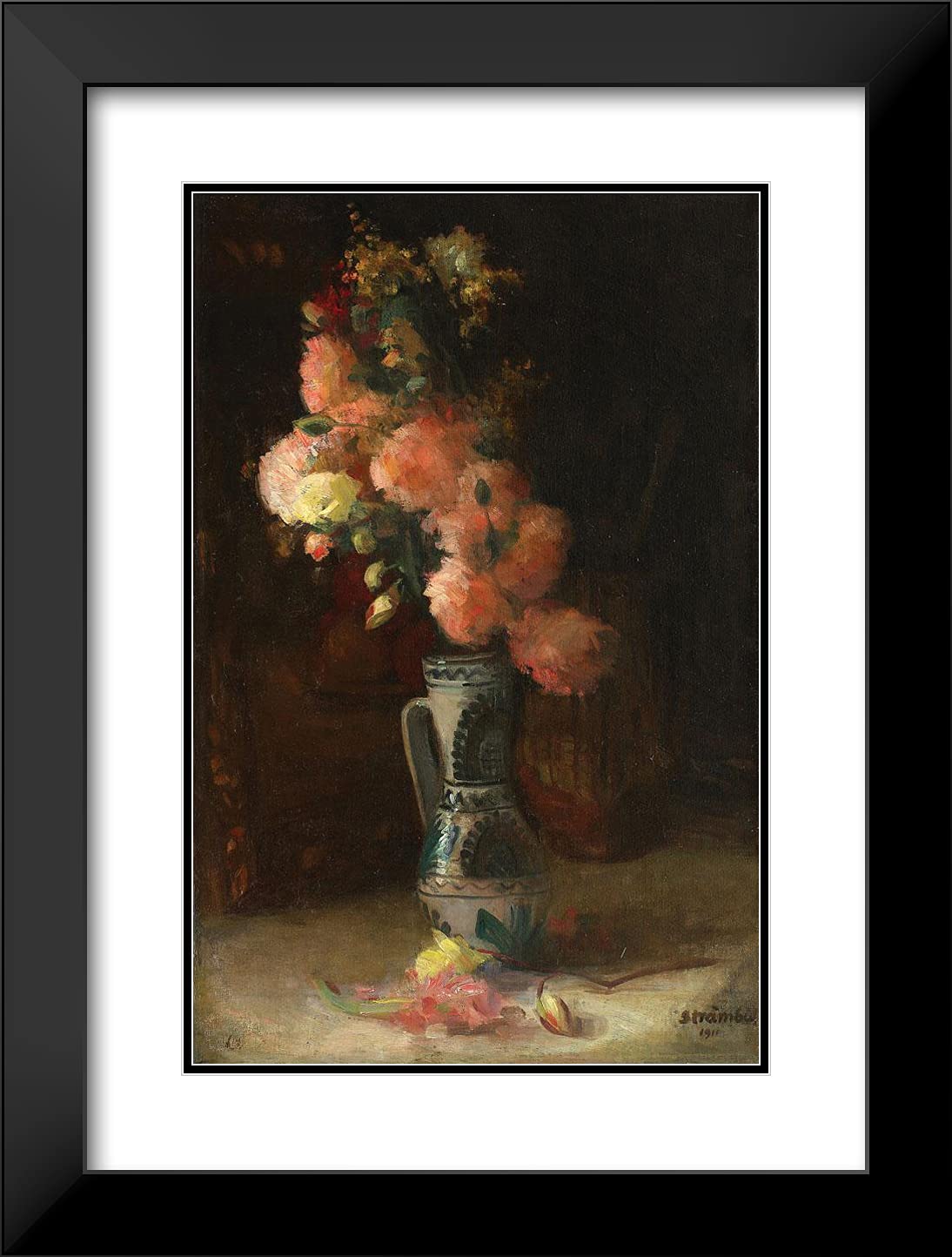 19x24 Black Modern Framed Art Print - Vase with Roses and Chrysanthemums by ArtDirect Strambu | Double Matting Wall Decor | Perfect for Living Room, Bedroom & Office Decor