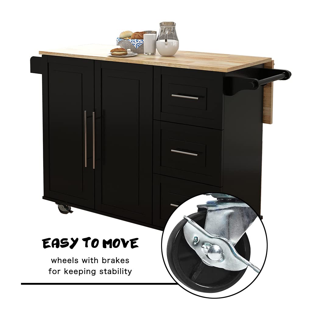 Expandable Kitchen Island with Drop-Leaf & Wheels - Solid Wood Folding Table Top, Large Storage Cabinets, 3 Drawers, Spice Rack & Towel Rack - Black | Perfect for Small Kitchens, Dining Areas & Extra Counter Space