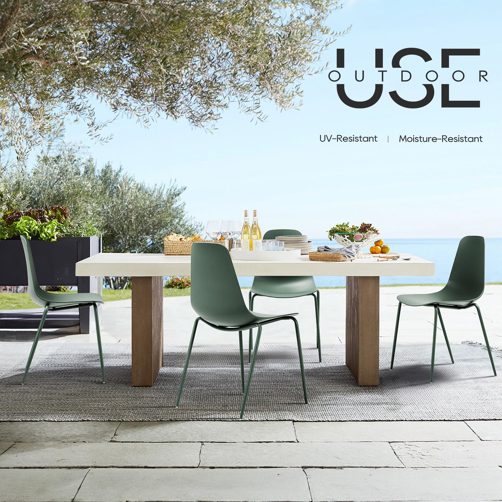 COLAMY Modern Dining Chairs Set of 4 - Stackable Plastic Kitchen Chairs with Sturdy Metal Legs for Indoor & Outdoor Use - Light Green - Perfect for Home, Restaurant, Bistro, Cafe and Patio Decor