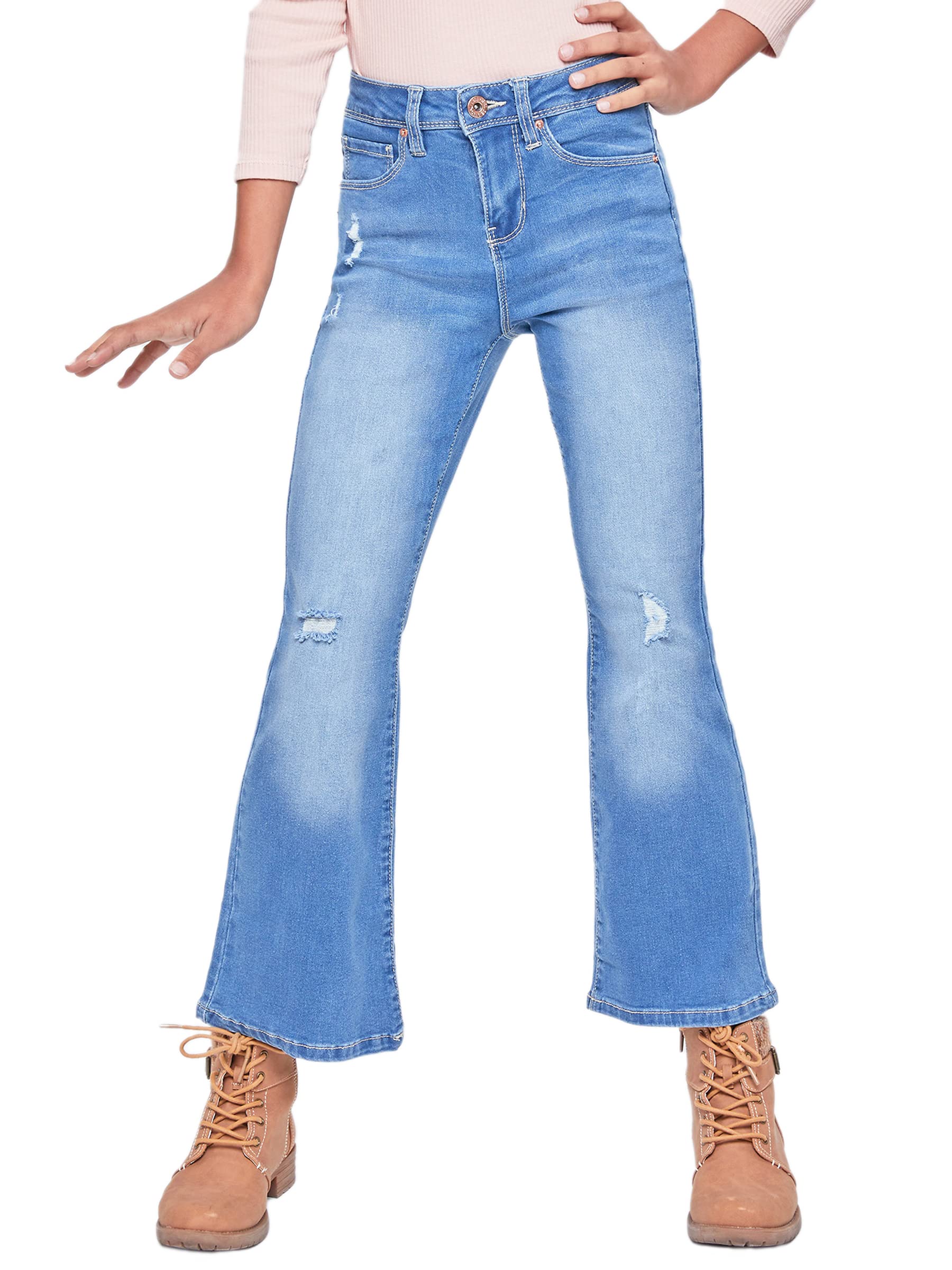YMI Girls' Basic 1-Button Clean Hem Flare Jeans - Comfortable Stretch Denim Pants for School, Playdates & Casual Outfits