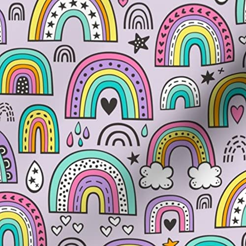 Rainbow Hearts Stars Summer Love Doodle Light Purple Rainbows Printed Denim Fabric by The Yard - Bottomweight Cotton Fabric for Apparel, Home Decor & Upholstery - Perfect for DIY Clothing, Curtains, Pillows and Craft Projects