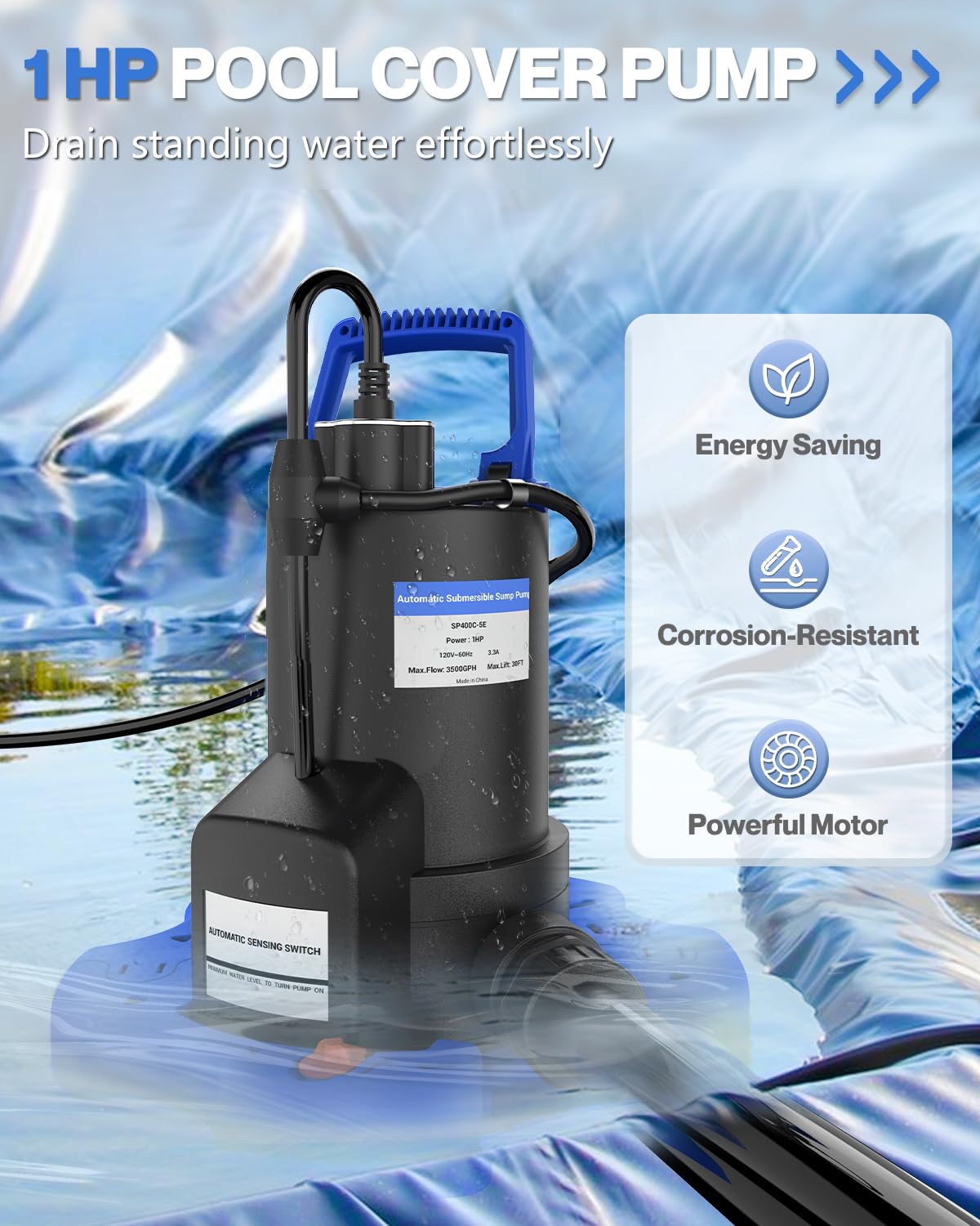 1 HP 3500 GPH Automatic Pool Cover Pump - Submersible Water Pump with Check Valve & 3 Adapters, 29.5FT Cord - Above Ground Automatic On/Off System, Sump for Basement Floods, Ponds, Spas & Pool Maintenance - Perfect for Home, Garden & Water Feature Applications