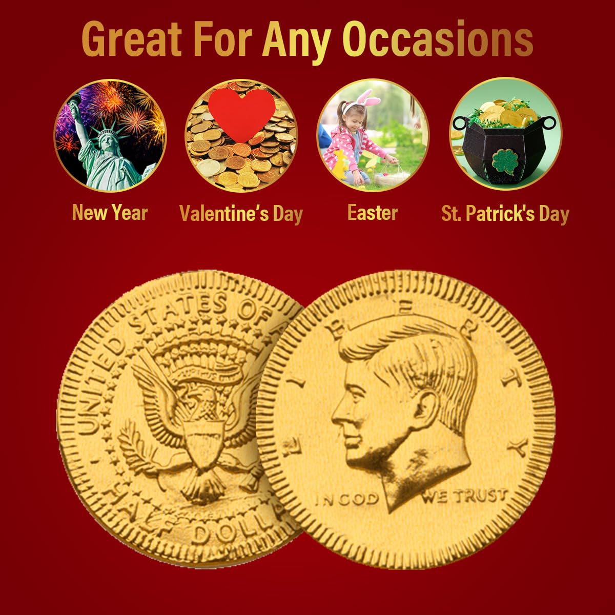 Albert Premier Belgian Chocolate Coins - 48 Individually Wrapped Kosher Milk Chocolate Gold Coins for St. Patrick's Day, Birthday Party Favors, Gifts & Treats | Perfect for Holiday Celebrations, Good Luck Charms & Dessert Tables