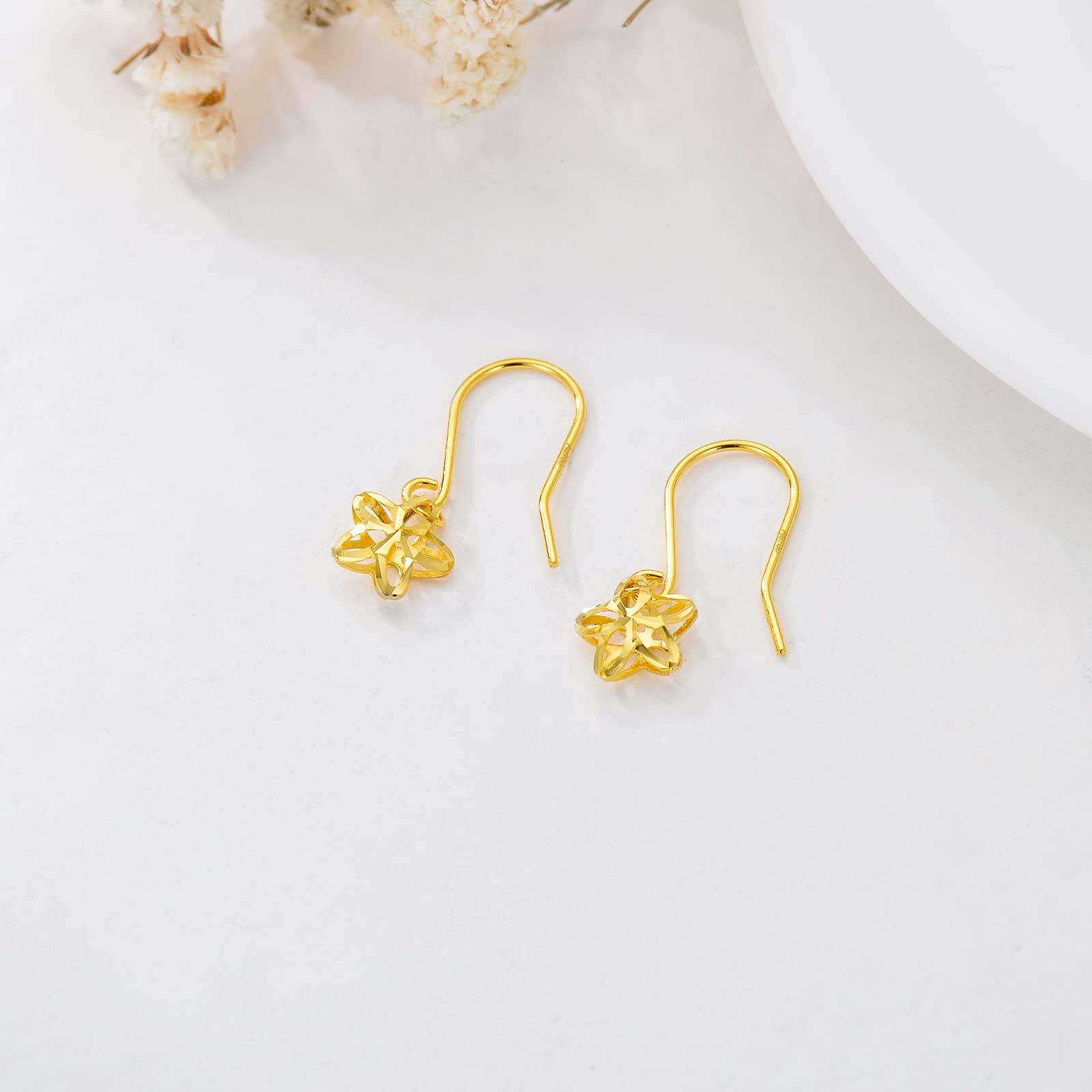 18K Solid Gold Cherry Blossom Dangle Earrings for Women - Yellow Gold Floral Drop Earrings for Anniversary, Birthday Gifts for Her - Perfect for Weddings, Parties & Special Occasions