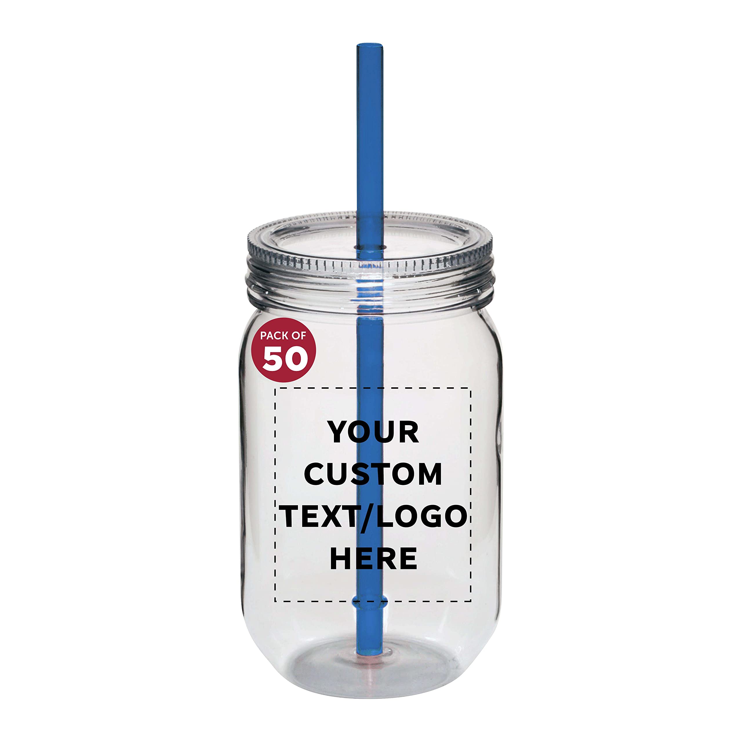 Custom 24 oz Plastic Mason Jars with Straws - Bulk Pack of 50 Personalized Jars for Overnight Oats, Candies, Pickles & Beverages | Perfect for Meal Prep, Party Favors & DIY Storage - Blue