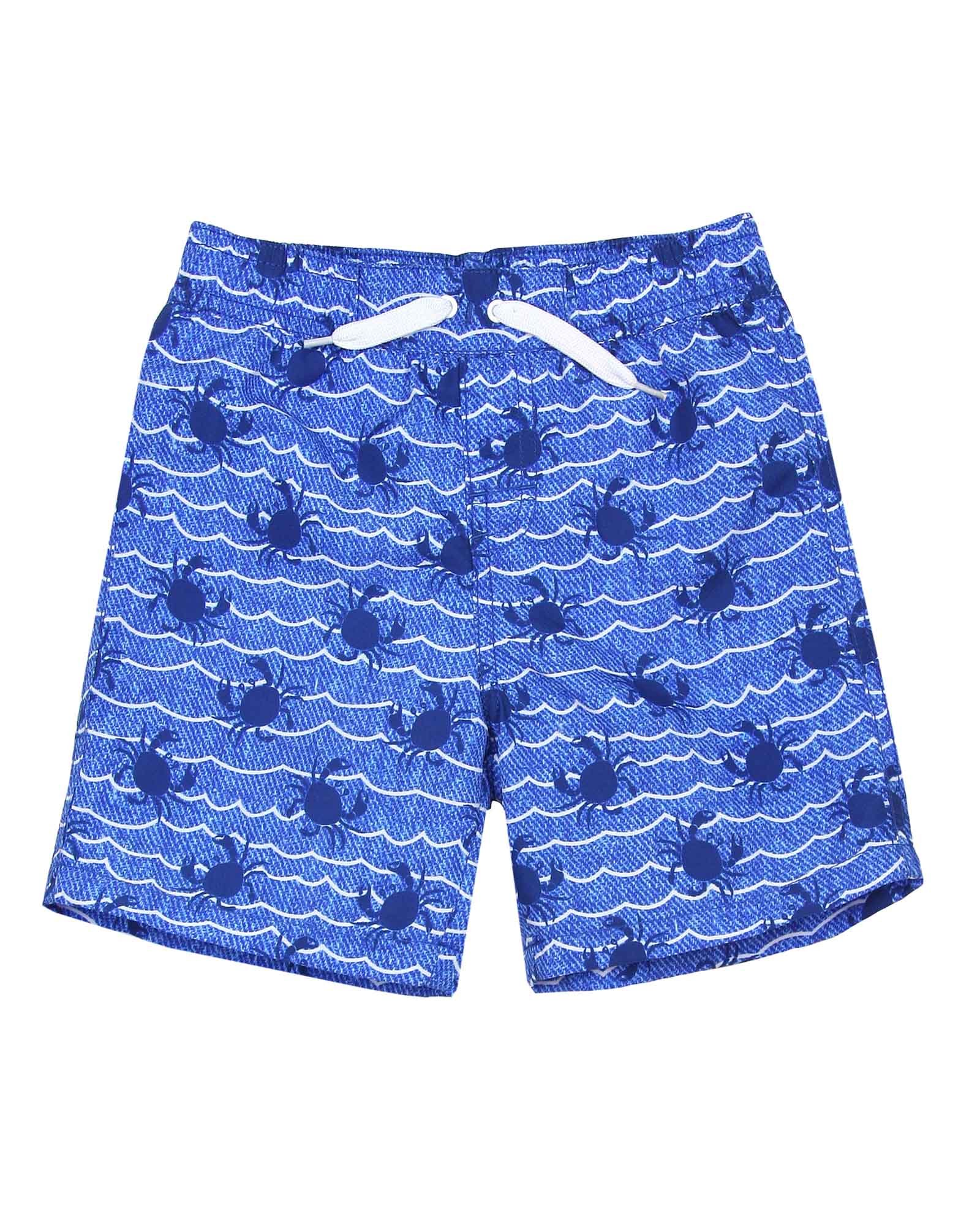 Deux par Deux Boys' Surfer Shorts - Crab Print Playa Del Mar Swim Trunks for Kids (Sizes 2-10) | Beach Vacation, Pool Party & Summer Outdoor Activities