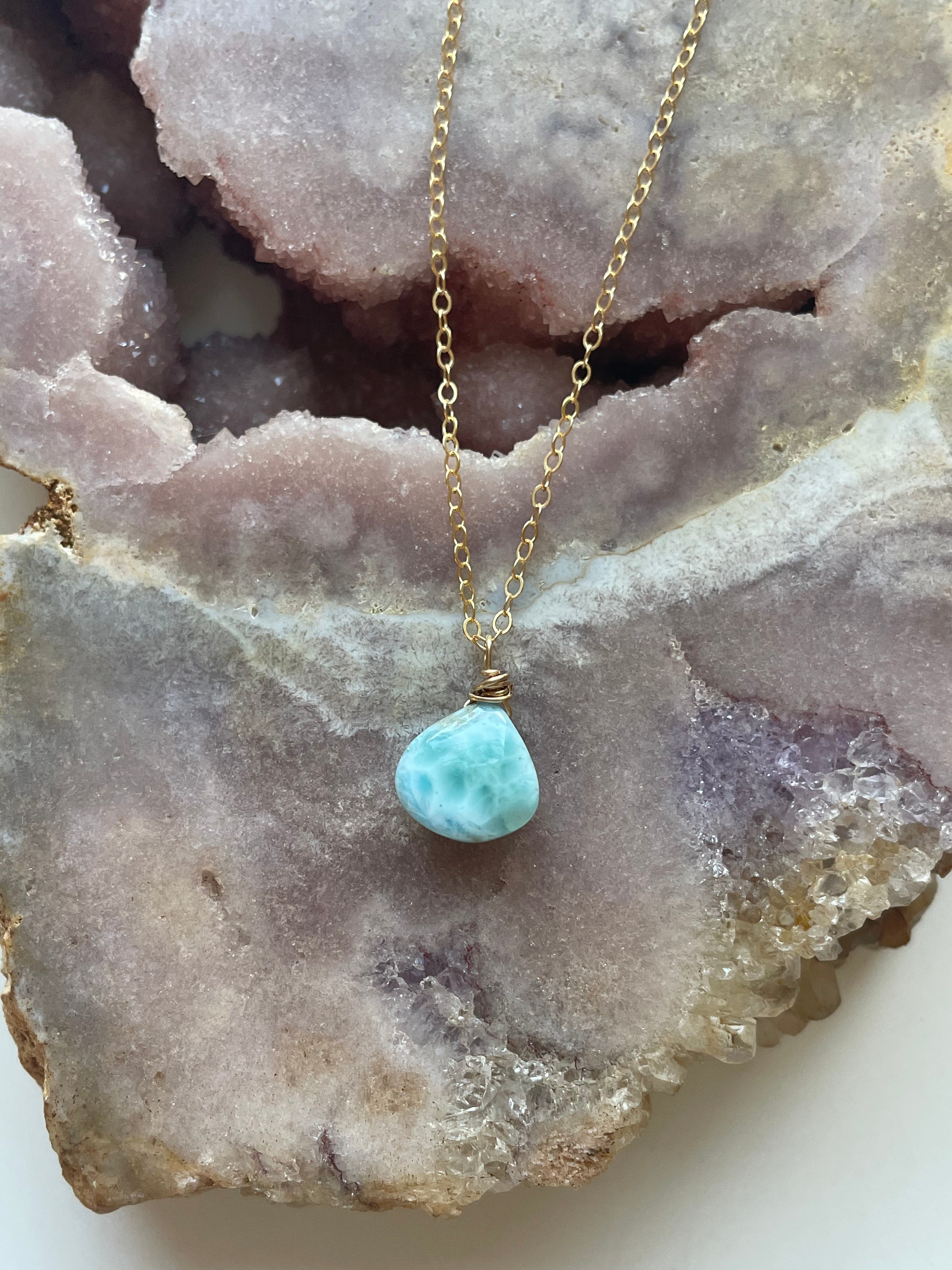 Larimar Drop Necklace - 14K Gold Filled Pendant Jewelry for Women - Perfect for Beach Vacations, Weddings & Everyday Elegance