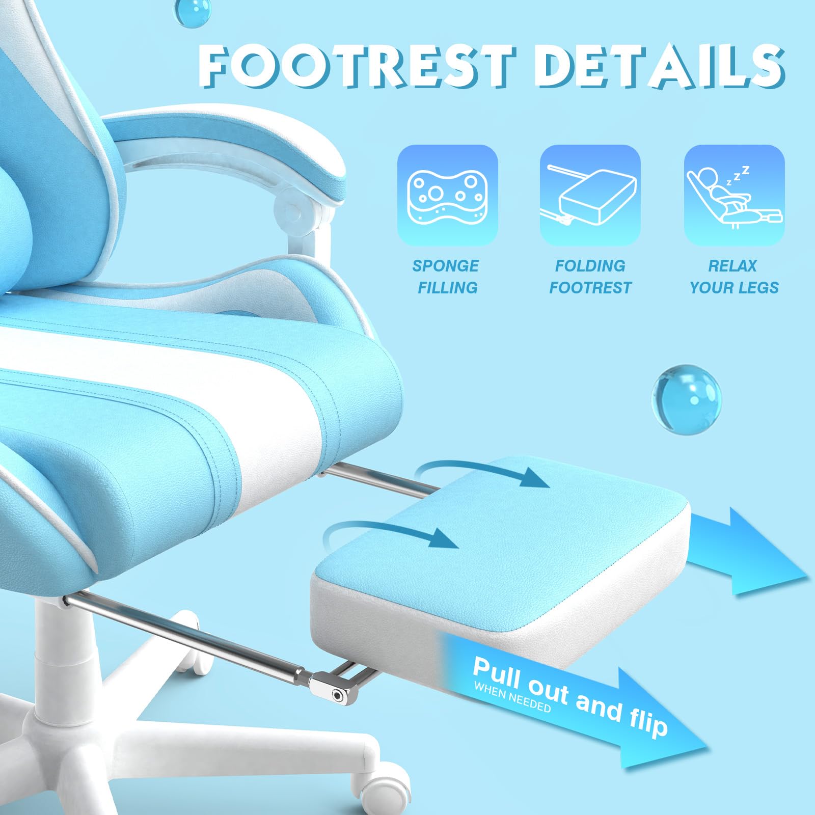 Ferghana Blue Gaming Chair with Bunny Ears - Ergonomic Massage Office & PC Gaming Chair with Footrest for Adults & Teens - Cute Kawaii Computer Game Chair for Girls - Racing Reclining Gamer Chair for Streaming, Esports & Home Office