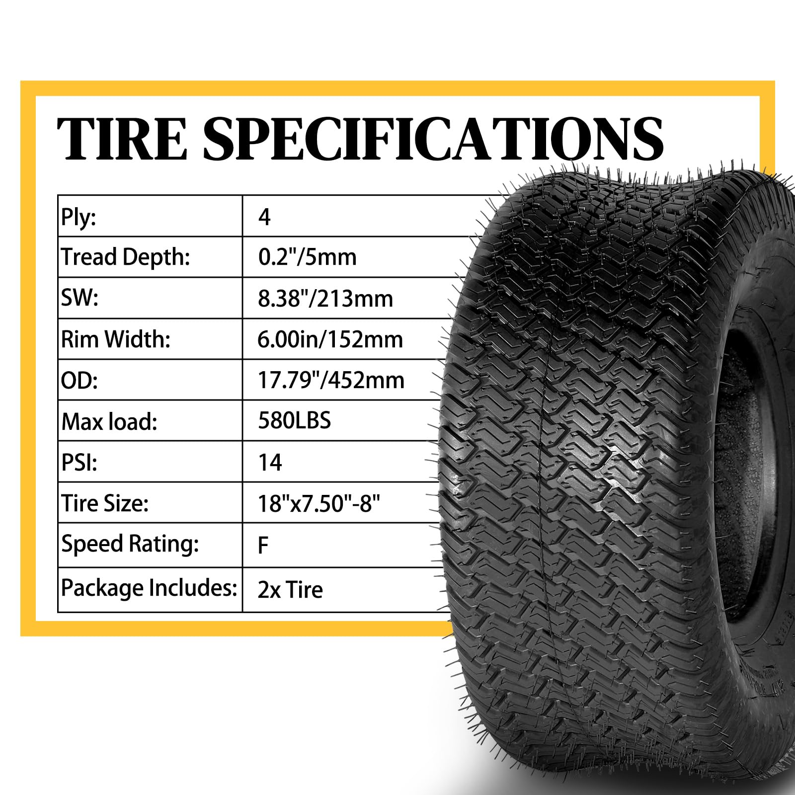 2Pcs 18x7.50-8 Tubeless Lawn Mower Tires - 4PR Heavy Duty Garden Tires for Riding Mowers, Tractors & Yard Equipment - Perfect for Grass Cutting, Landscaping & Outdoor Maintenance