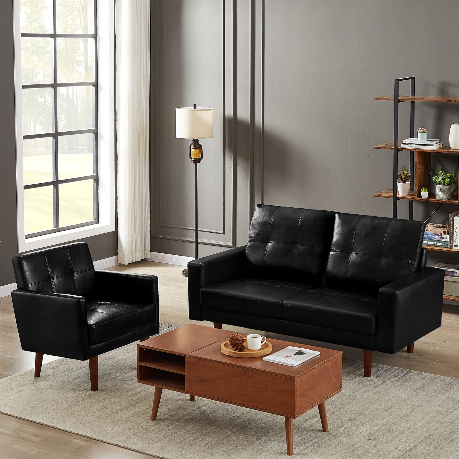 Modern PU Leather Loveseat Sofa with High-Density Foam Cushion & Solid Wood Legs - Comfortable Accent Love Seat for Living Room, Bedroom or Office - Perfect for Small Spaces, Reading Nook & Guest Seating (Black)