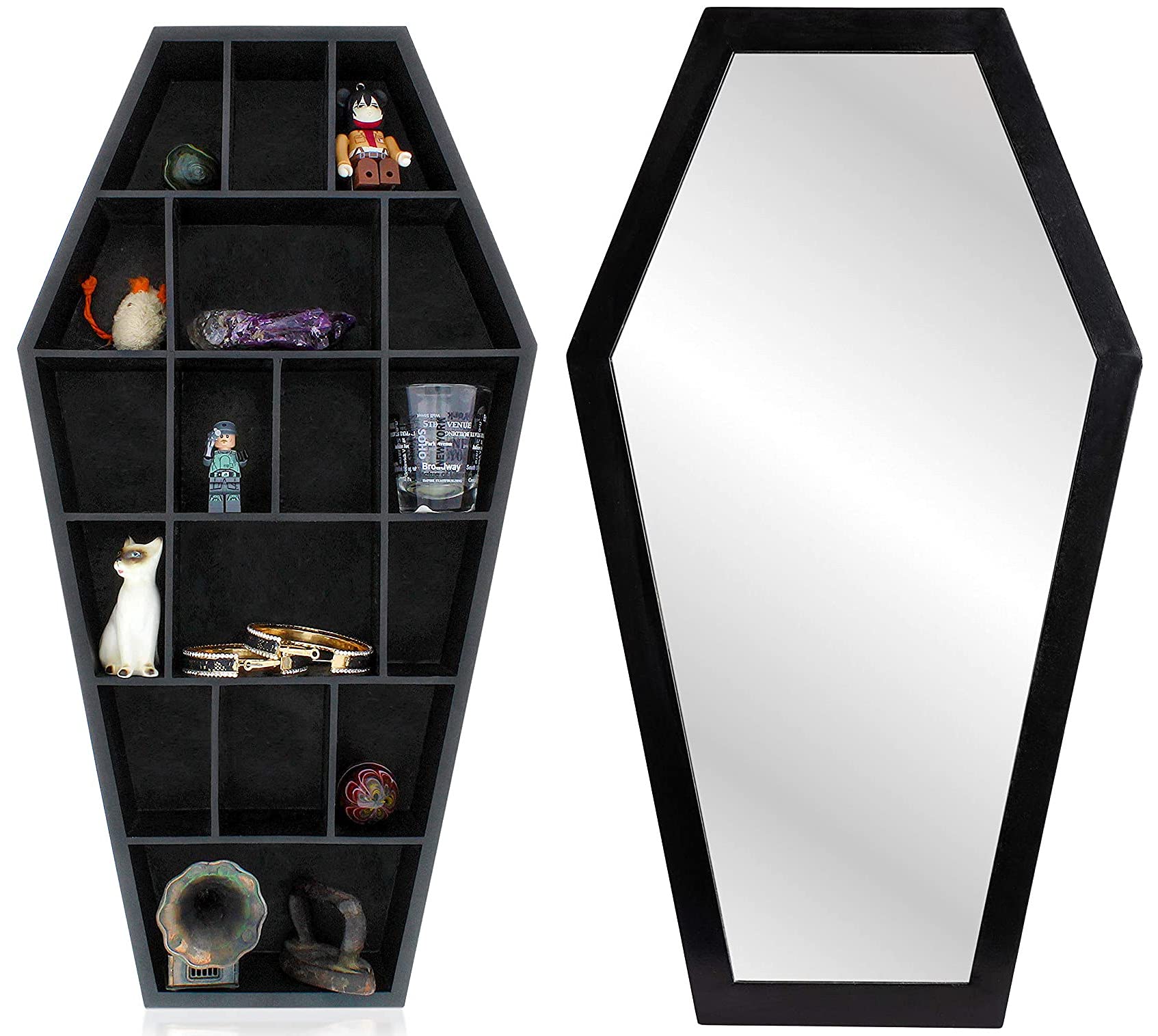 Gothic Coffin Shelf and Mirror Set - Dark Aesthetic Bedroom Decor with Mounting Hardware - Perfect for Halloween, Gothic Themed Rooms & Vampire Lair Decorations
