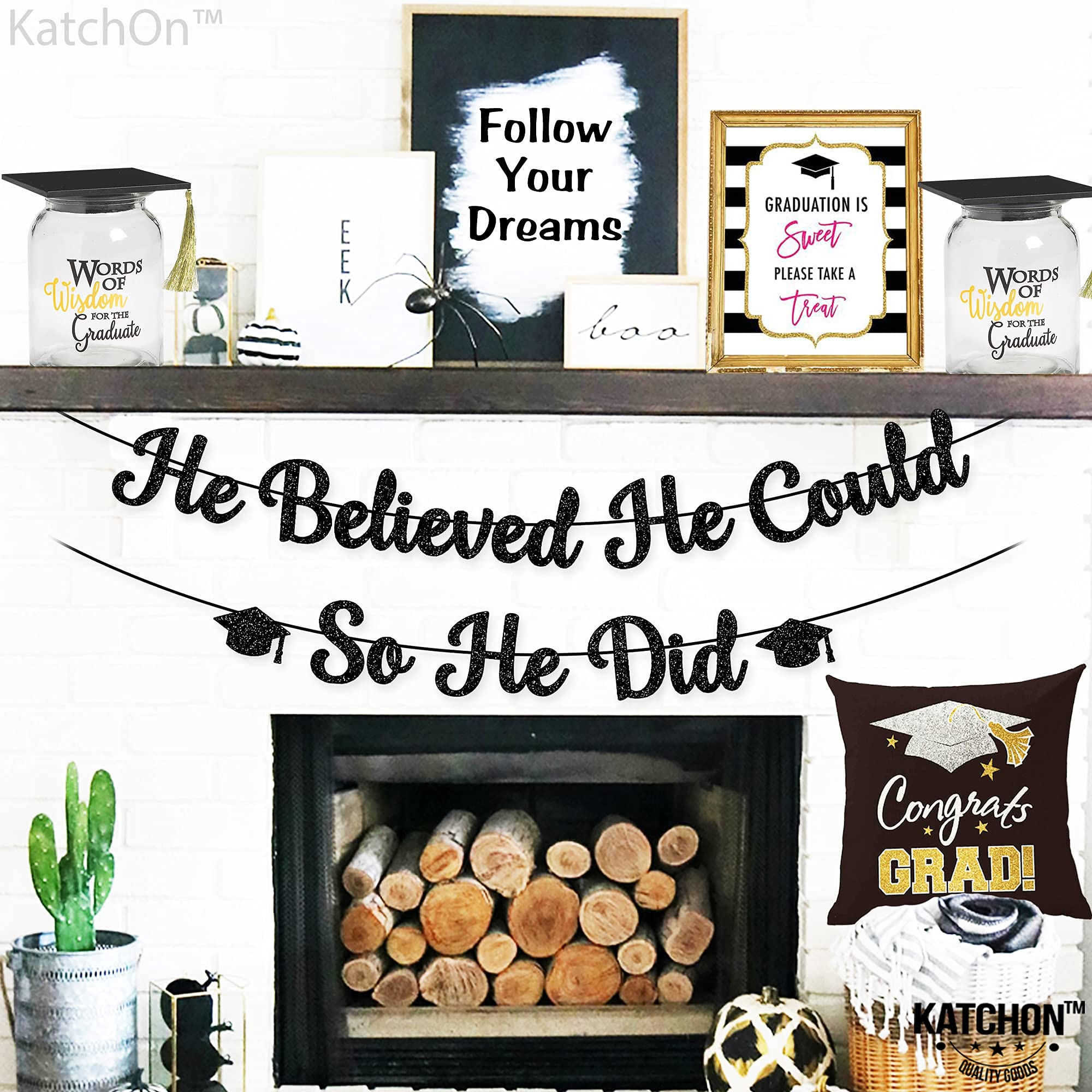 KatchOn 'He Believed He Could So He Did' Motivational Banner - 10ft Graduation Party Decor for Men 2025 | No DIY Ready-to-Hang Congratulations Banner for Graduation Ceremony, College Dorm & Office Celebration