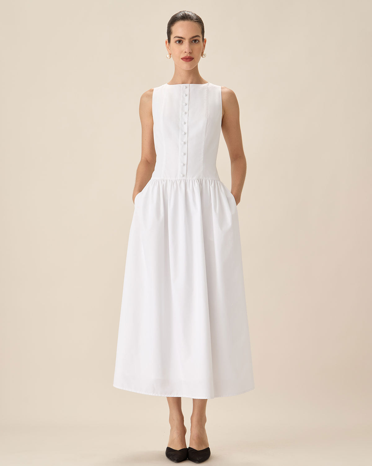 Elegant White Round Neck Pocket Maxi Dress for Women - Summer Casual Boho Beach Dress with Pockets
