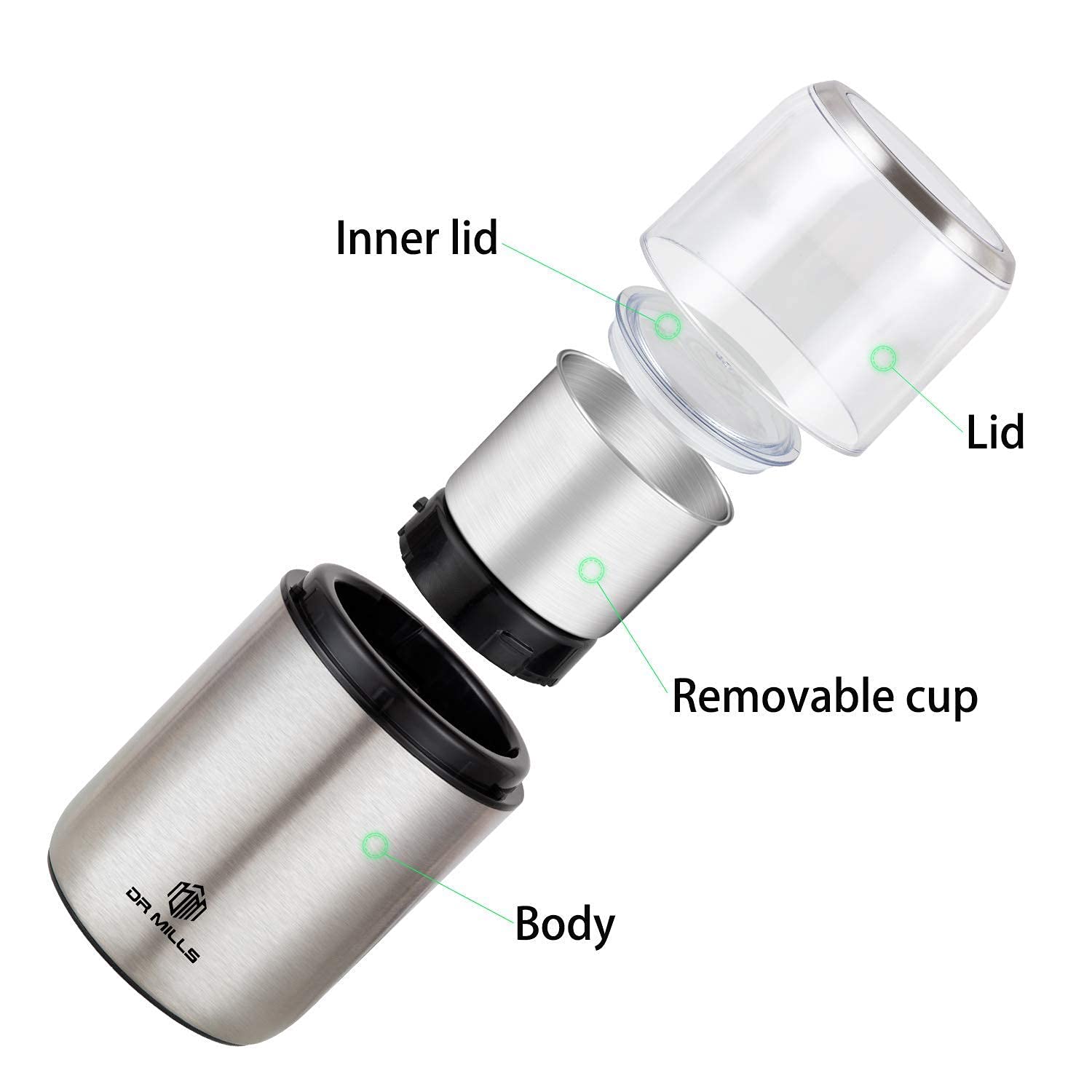 DR MILLS DM-7452 Electric Spice & Coffee Grinder - Detachable Cup, Dishwasher Safe, 150W Powerful Motor for Grinding Nuts, Seeds & Herbs - Perfect for Kitchen, Coffee Shops & Baking Enthusiasts