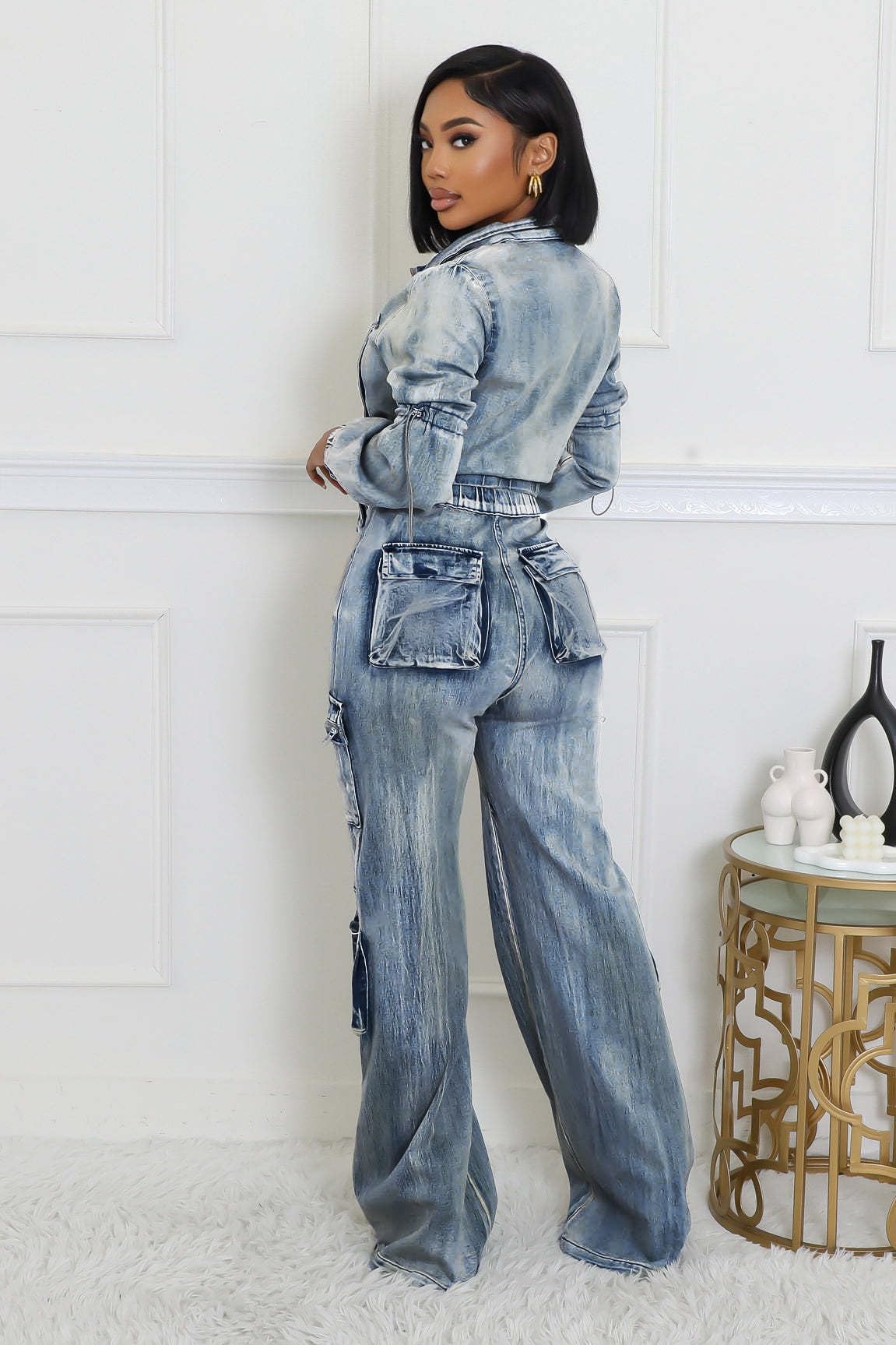 Molilove Women's Two Piece Denim Outfit - Long Sleeve Cropped Jean Jacket & Cargo Pants with Pockets | Y2K Streetwear Tracksuit Set | Casual Outing, Party Wear & Fashion Photoshoot