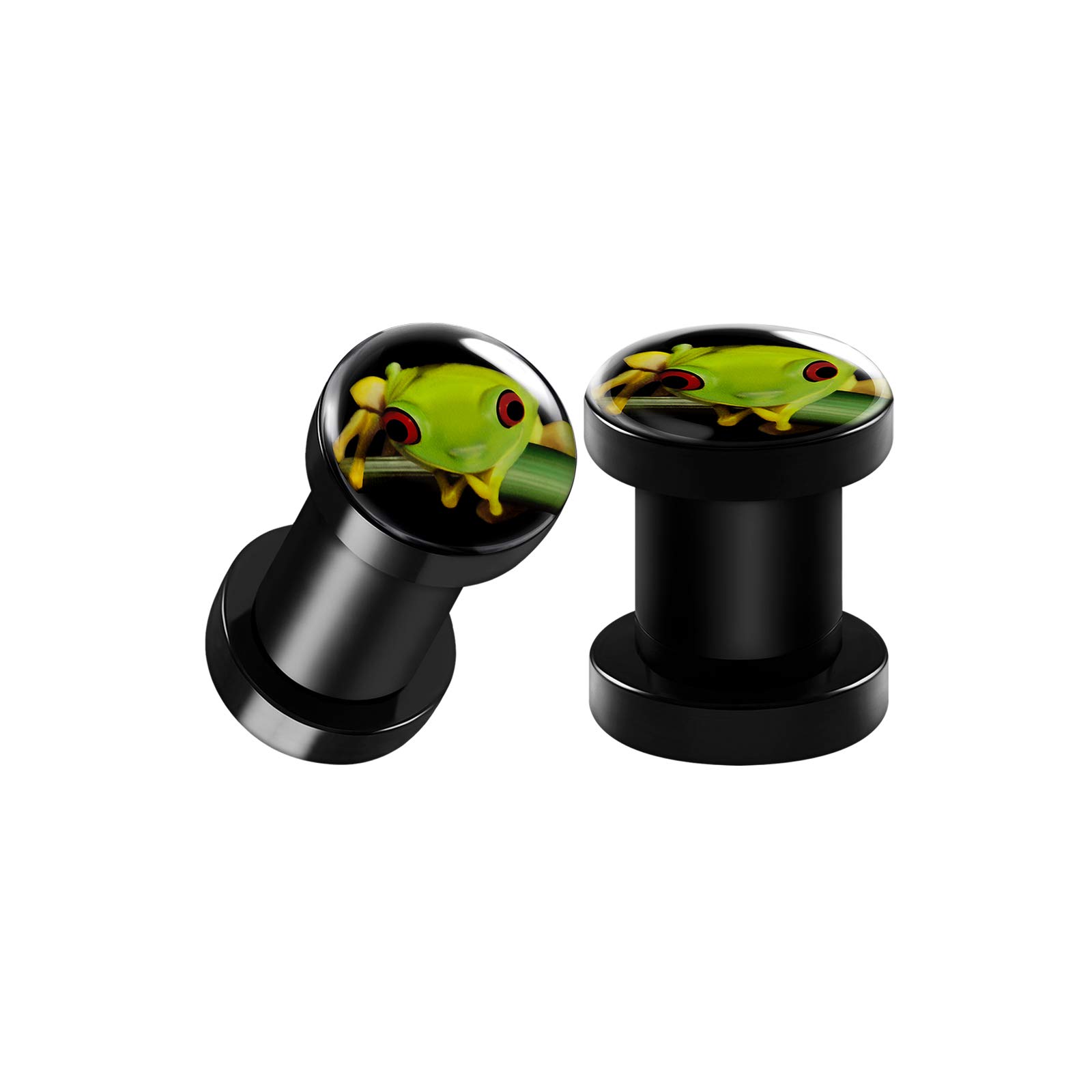 Black Acrylic Green Frog Logo Screw-Fit Flesh Tunnel Ear Plugs - Stretcher Earrings for Lobe Piercing Jewelry - Perfect for Punk, Goth & Alternative Fashion Styles