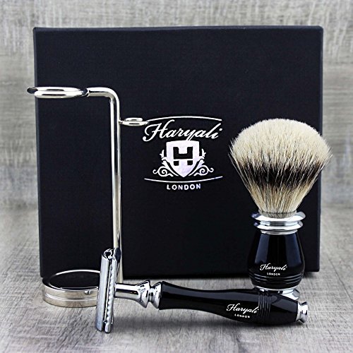 Premium 3-Piece Men's Shaving Kit with Silver Tip Badger Brush & Safety Razor - Luxury Wet Shaving Set for Sensitive Skin - Perfect Gift for Father's Day, Birthday & Grooming Enthusiasts (Blades Not Included) - Ideal for Home Spa, Travel & Barber Shop Use
