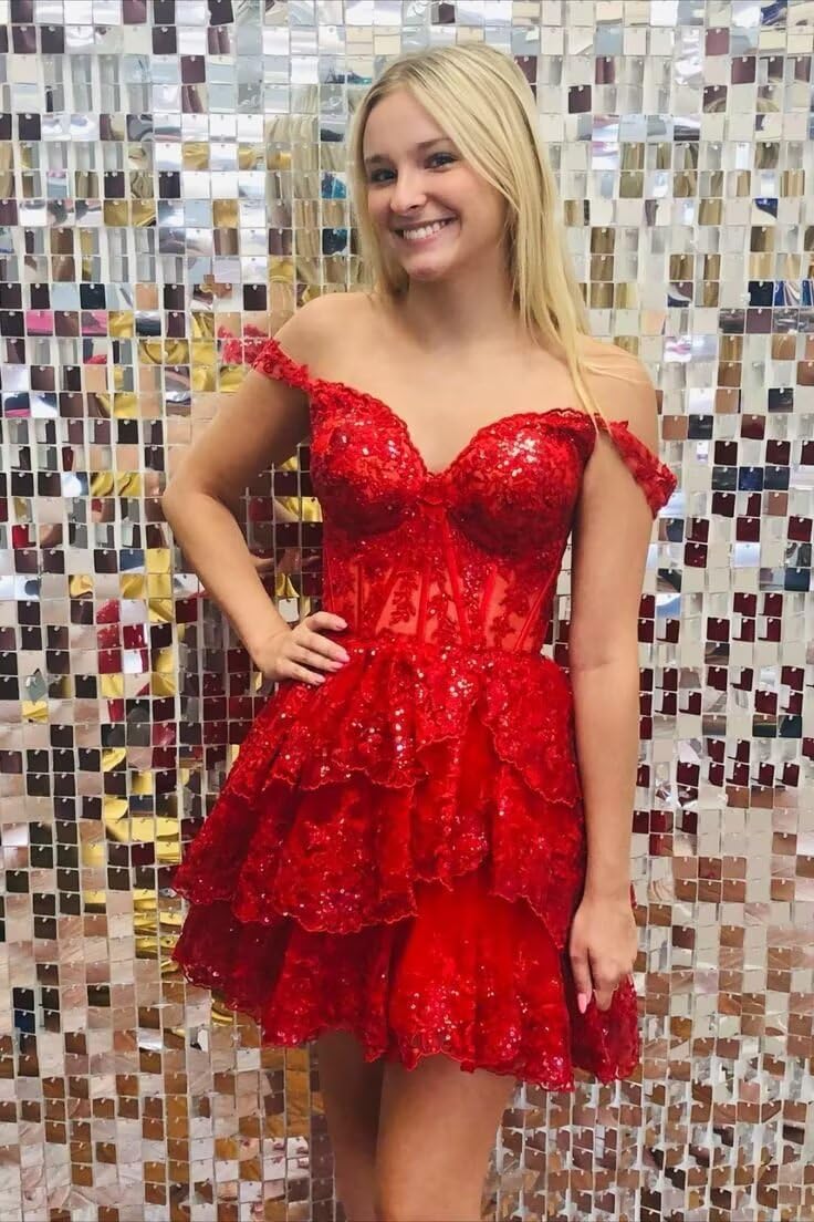 Sparkly Sequin Off Shoulder Short Prom Dress for Teens 2024 | Tiered Lace Cocktail Party Gown | Homecoming Dresses | Black US Size 10 | Perfect for Prom, Homecoming, Cocktail Parties & Special Occasions
