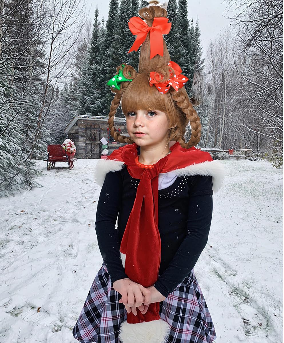 Brown Braided Kids Costume Wig with Red & Green Polka Dot Bows & Beaded Necklace - Perfect for Christmas Parties, Halloween Dress Up, Cosplay & School Plays