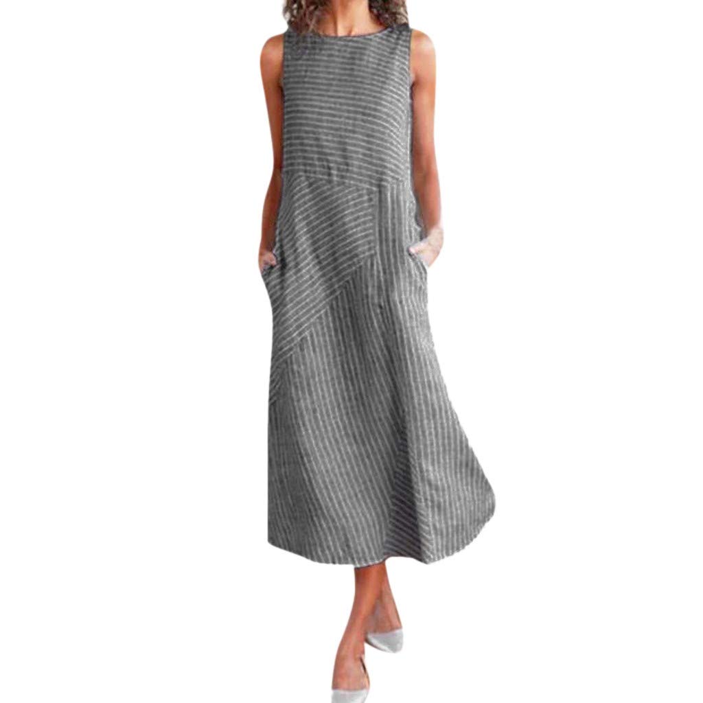 Women's Striped Linen Dress with Pockets - Round Neck Sleeveless Casual Long Dress for Summer, Beach, Office & Everyday Wear