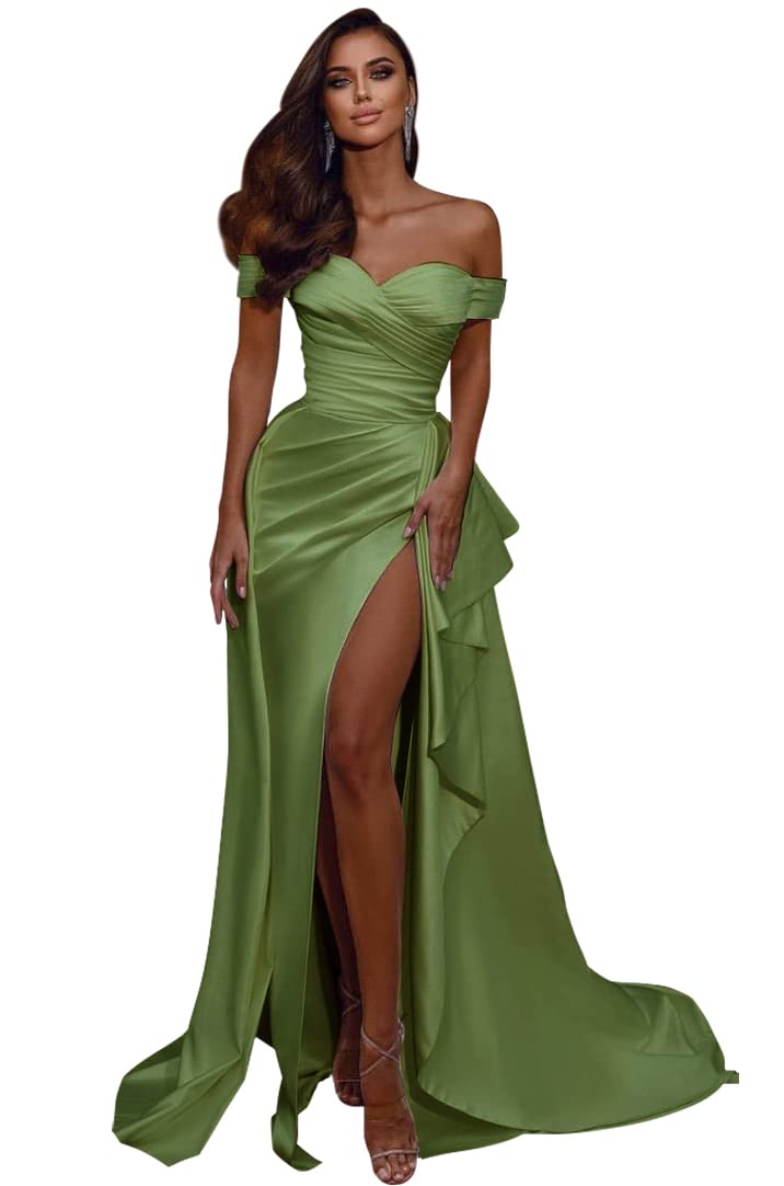Elegant Off Shoulder Mermaid Prom Dresses 2022 | Formal Evening Gowns with High Slit | Satin Wedding Party Dresses for Women | Perfect for Homecoming, Prom Night & Special Occasions