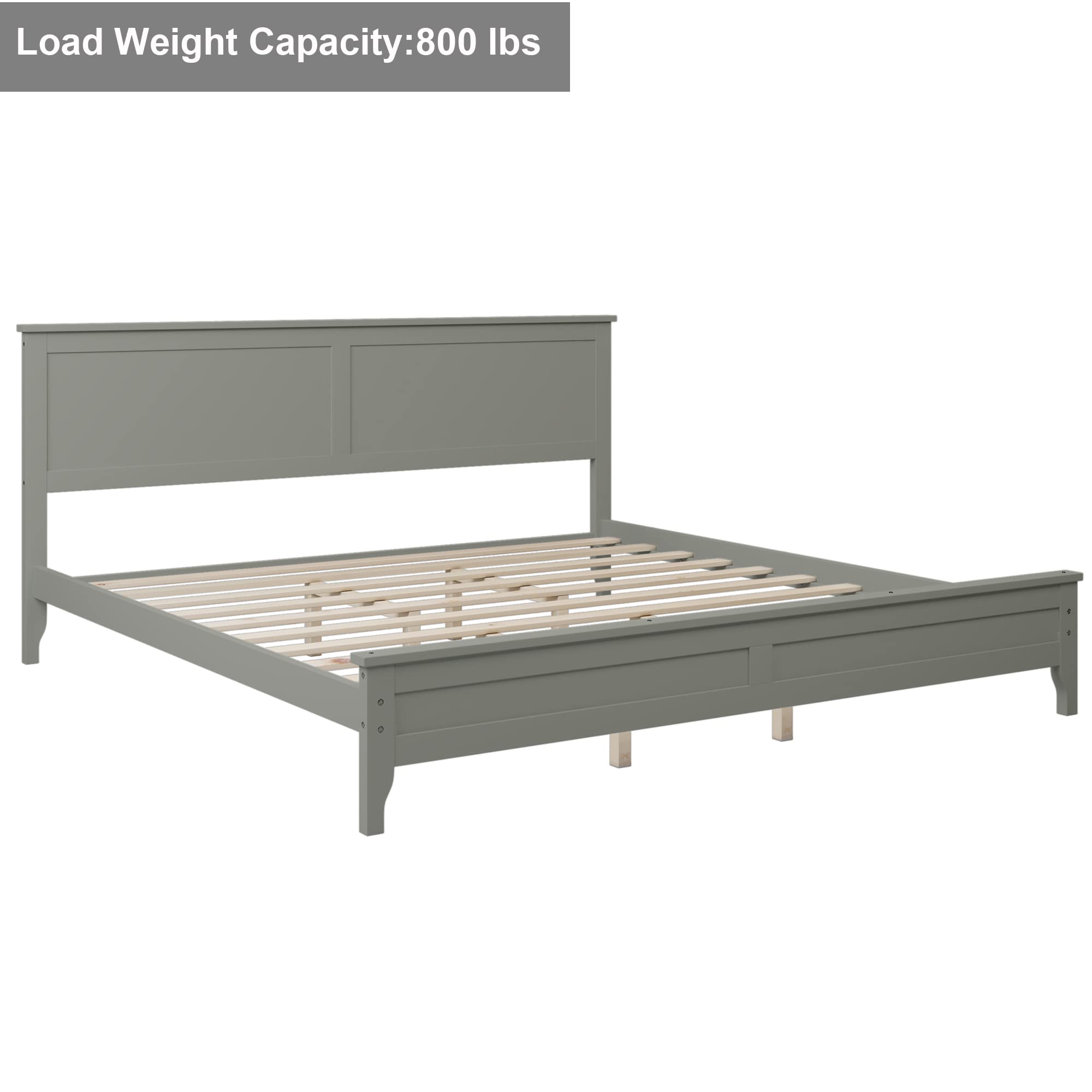 JULYFOX King Size Bed Frame with Headboard - Gray Pine Wood Platform Bed for Heavy Duty Support (800 lbs) - No Box Spring Needed - Perfect for Master Bedrooms